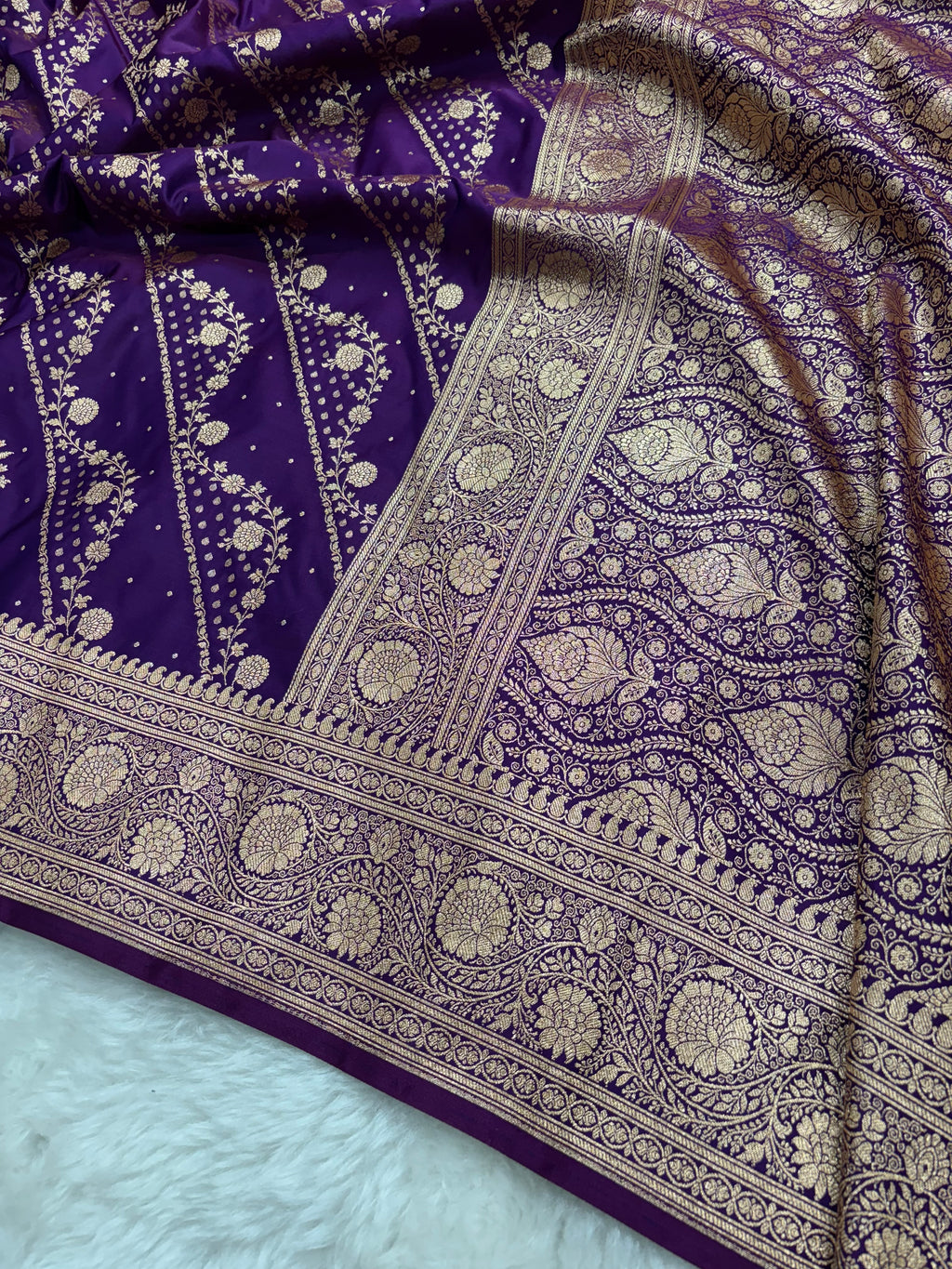 Purple Satin Katan Silk Cross Saree