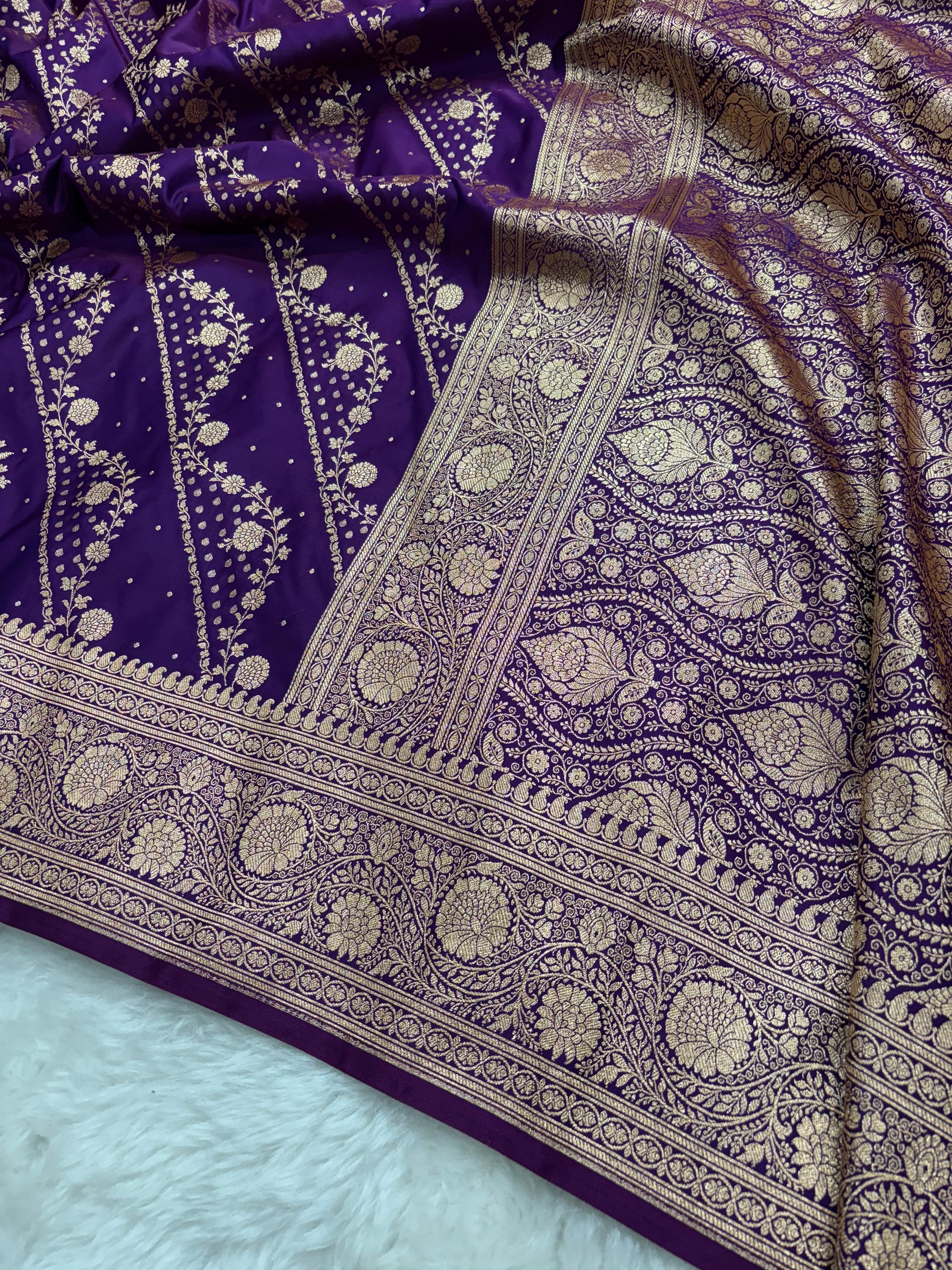 Purple Satin Katan Silk Cross Saree