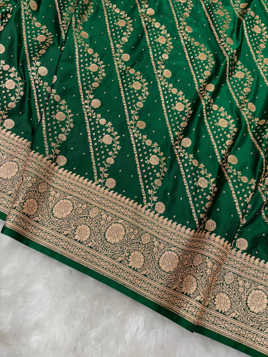 Bottle Green Satin Katan Silk Cross Saree