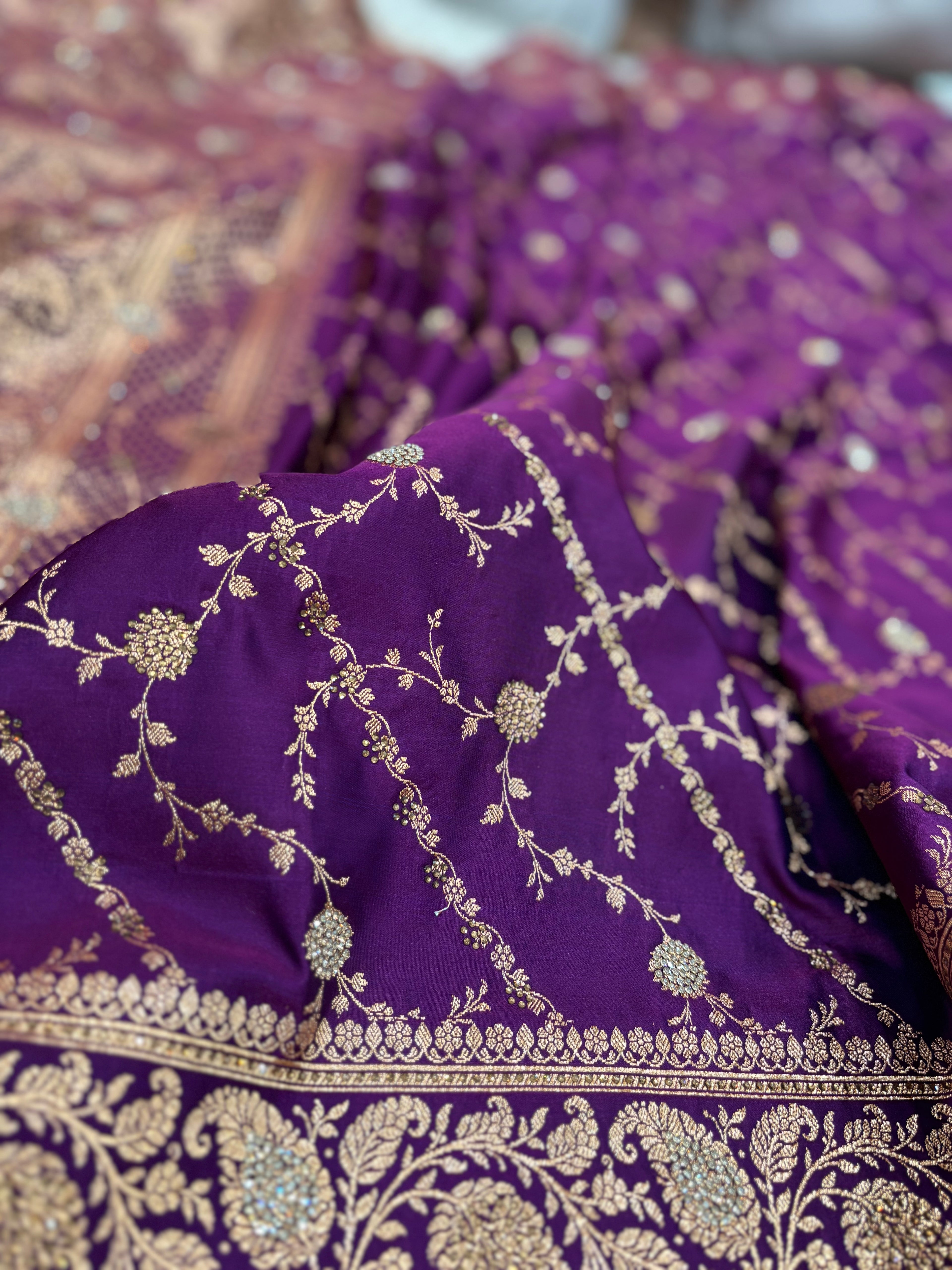 Purple Bridal Satin Katan Silk Saree with Swarovski Work & Lace BK01
