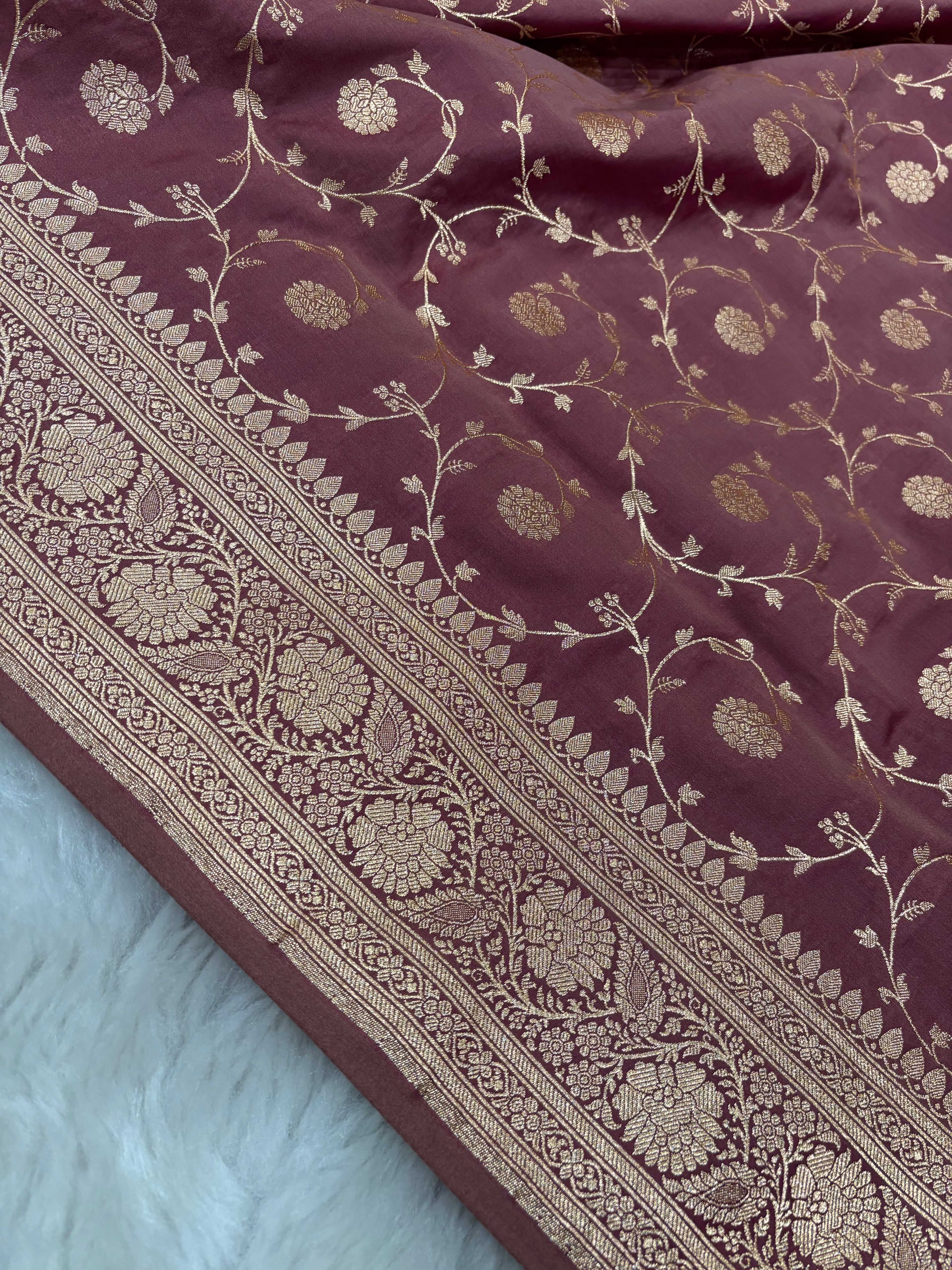 Sandy Brown Satin Katan Silk Jaal Saree with Plain Blouse SK13