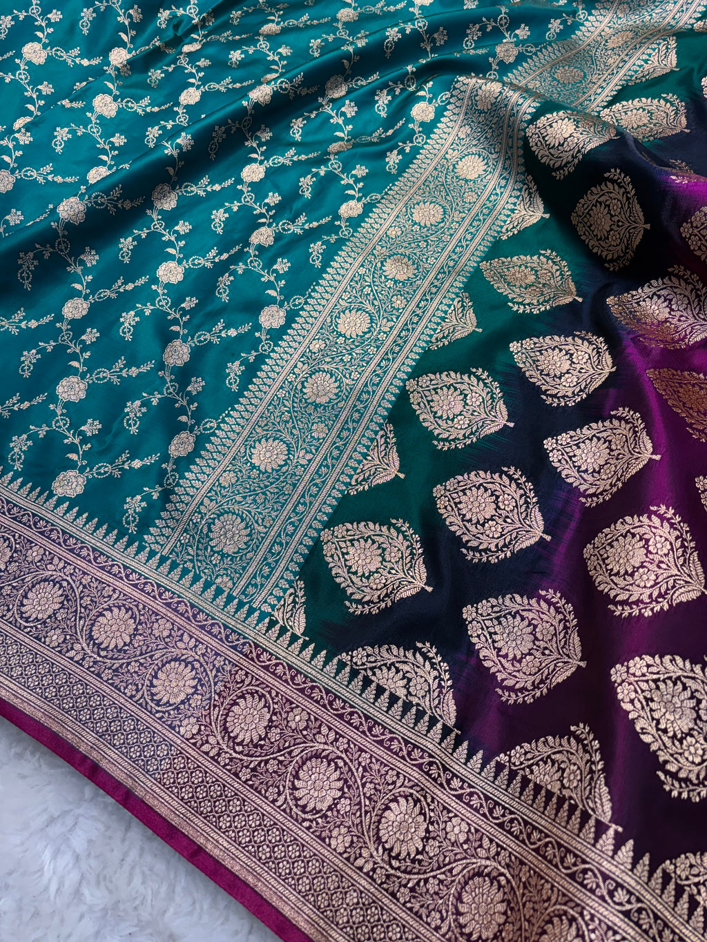 Sapphire Contrast Satin Silk Jaal Saree SS03
