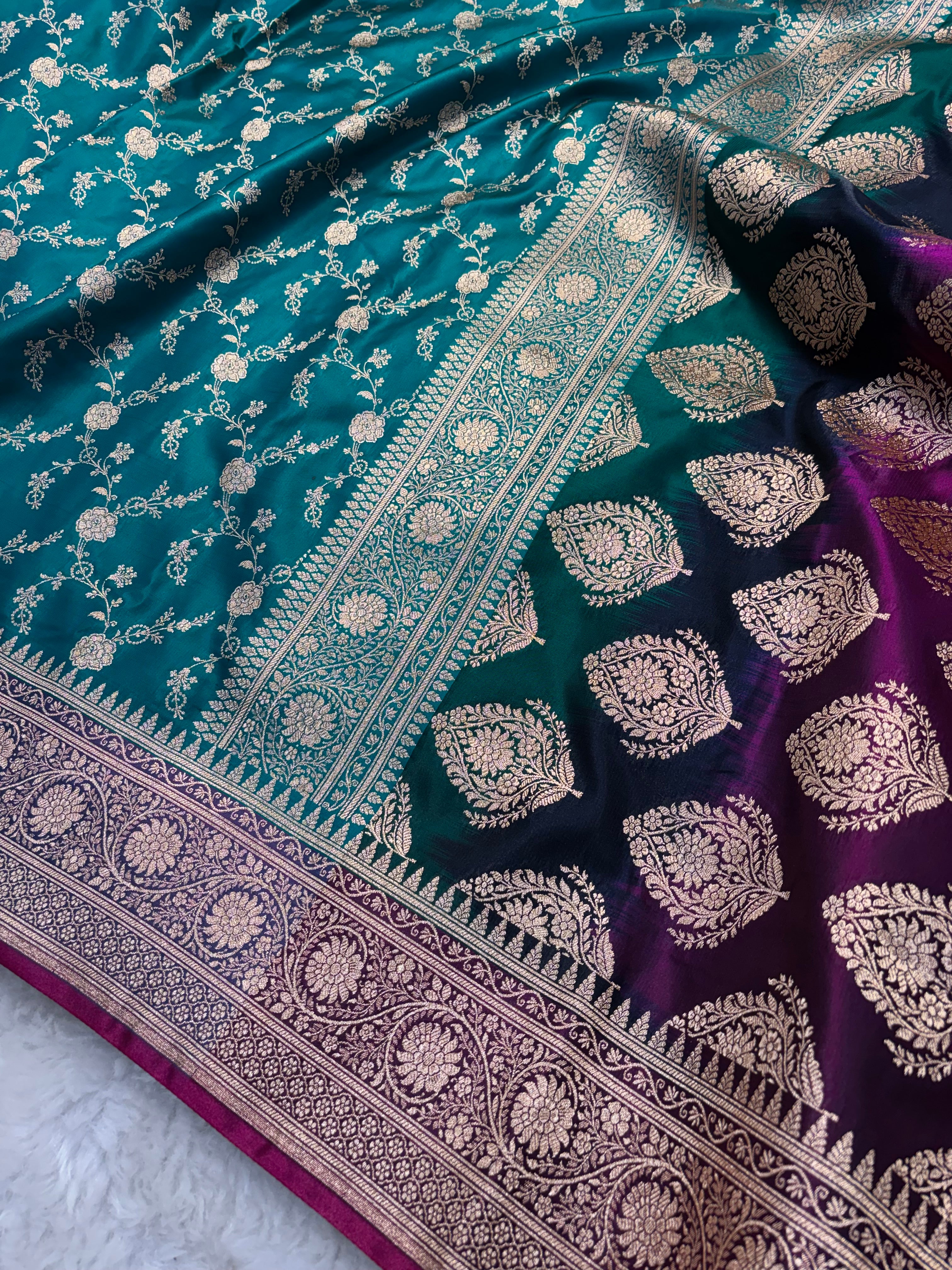 Sapphire Contrast Satin Silk Jaal Saree SS03
