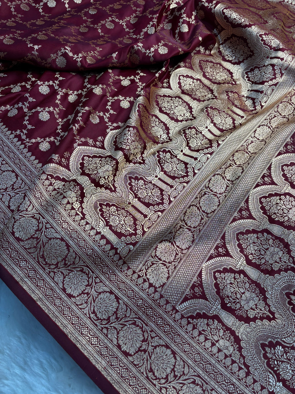 Maroon Satin Katan Silk Jaal Banarasi Saree SK06