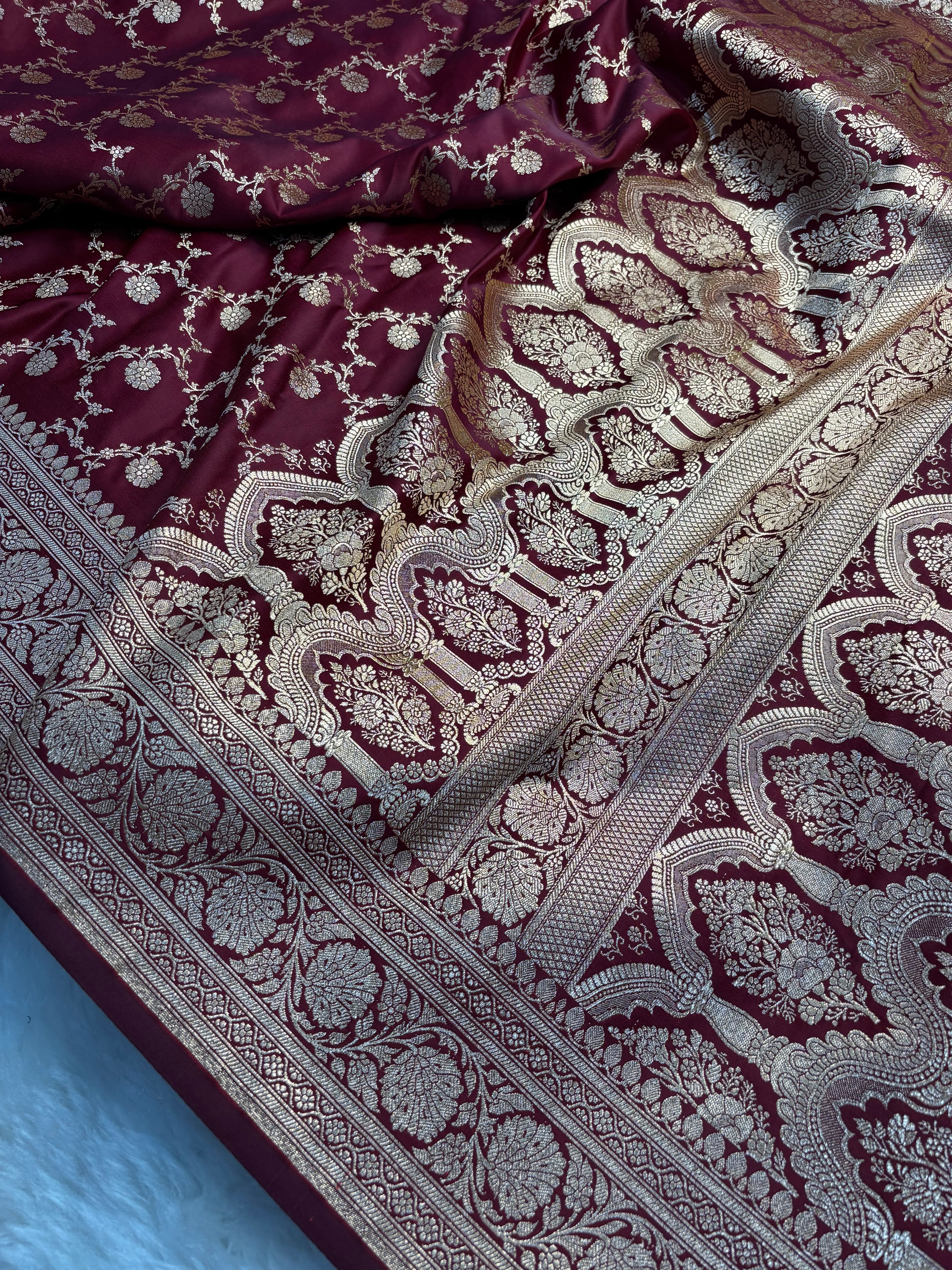 Maroon Satin Katan Silk Jaal Banarasi Saree SK06
