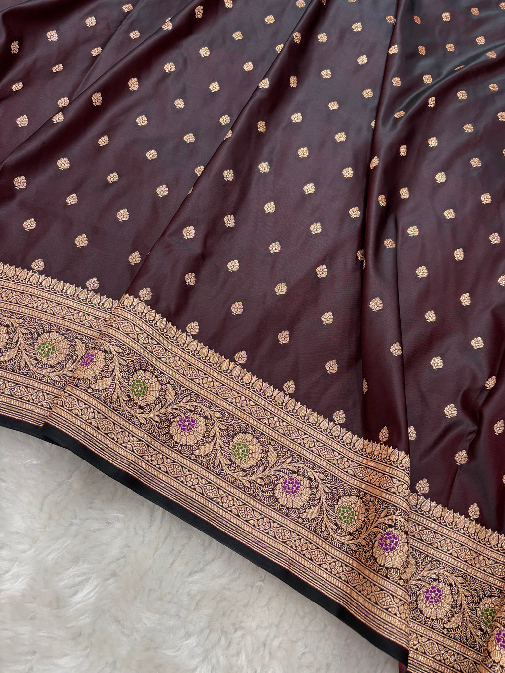 Chocolate Satin Katan Silk Meena Border Saree