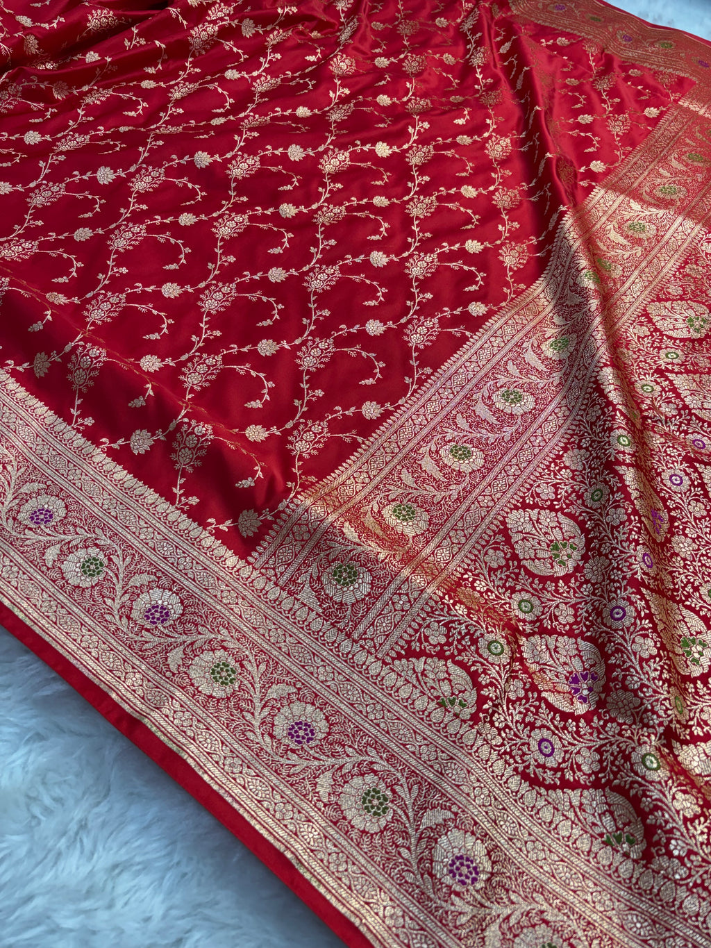 Bright Red Satin Katan Silk Meena Border Saree SK21