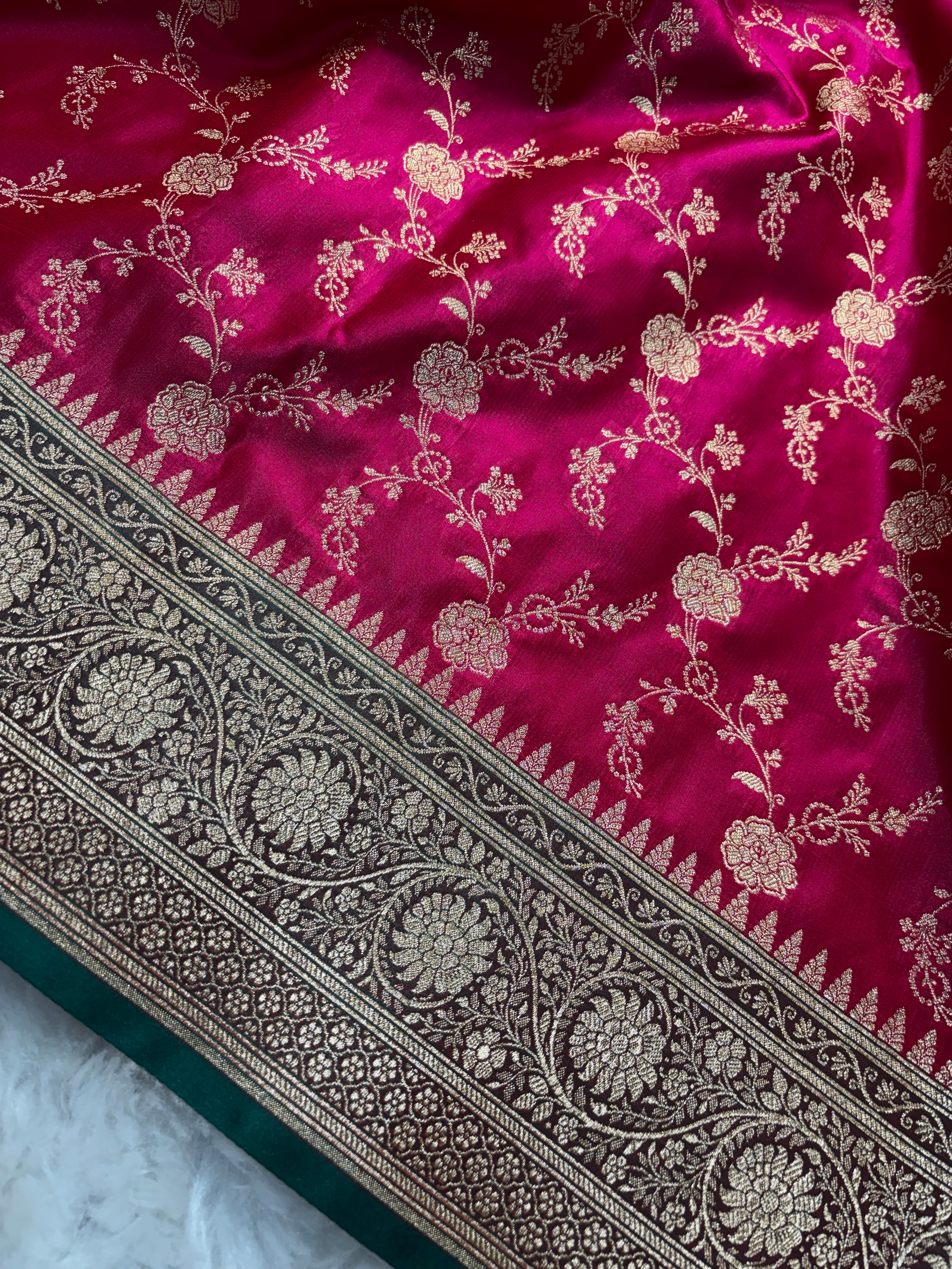 Rani Pink Contrast Satin Silk Jaal Saree SS03