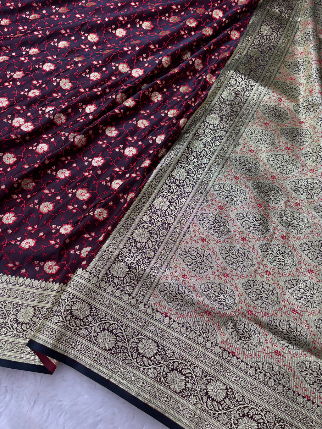 Chocolate Satin Katan Silk Tanchoi Meena Jaal Saree