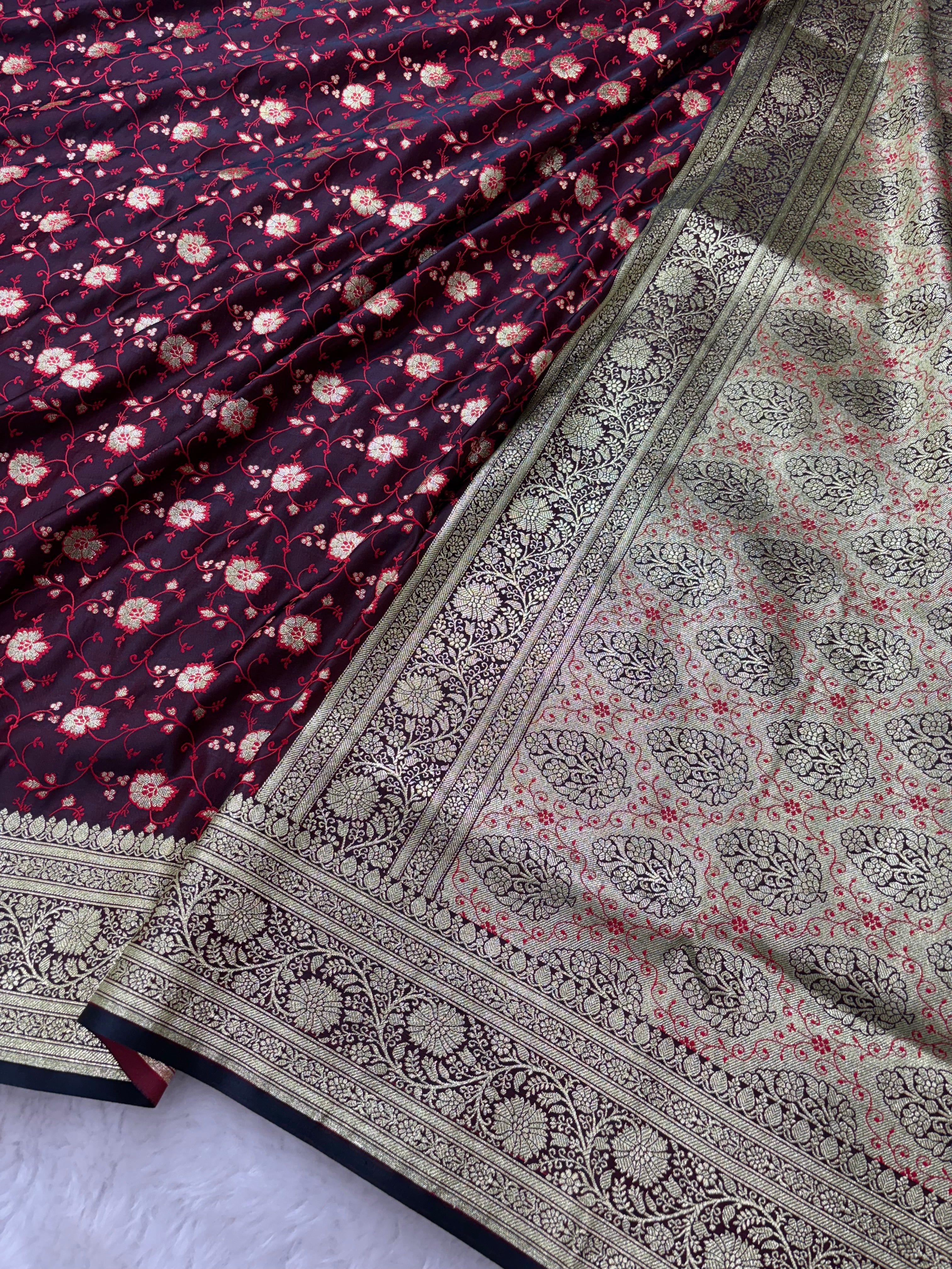 Chocolate Satin Katan Silk Tanchoi Meena Jaal Saree