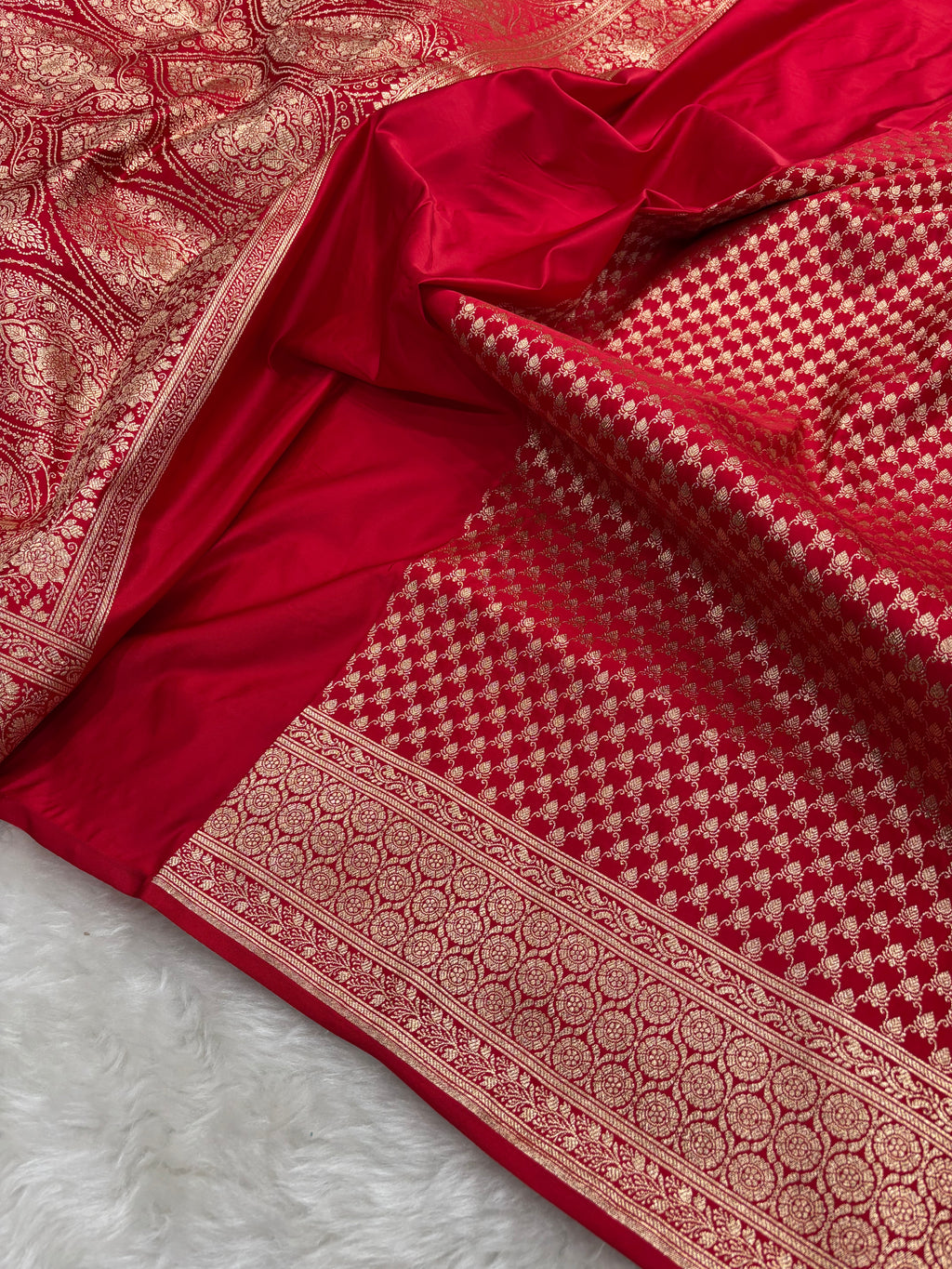 Red Satin Katan Silk Jaal Saree