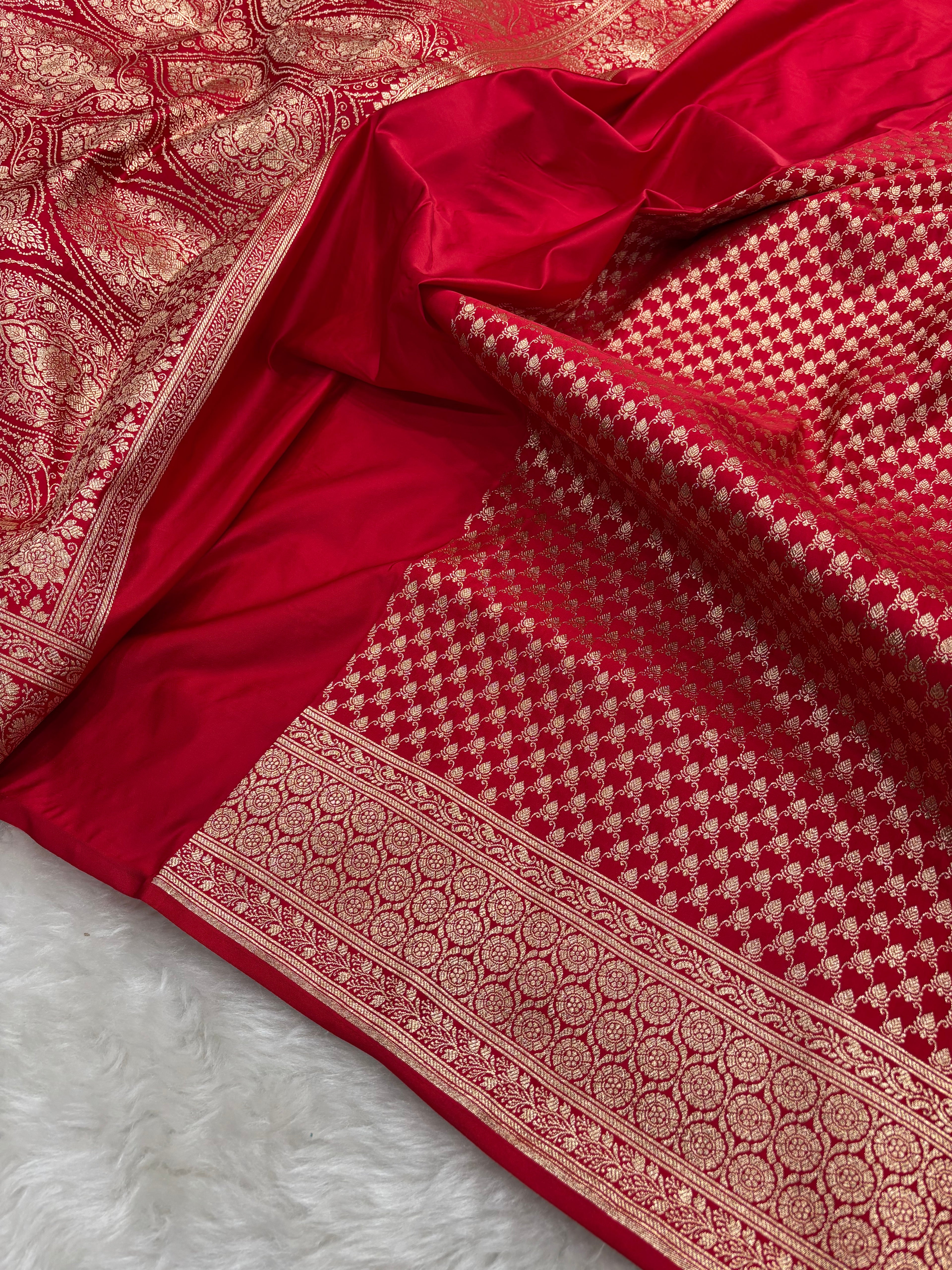 Red Satin Katan Silk Jaal Saree