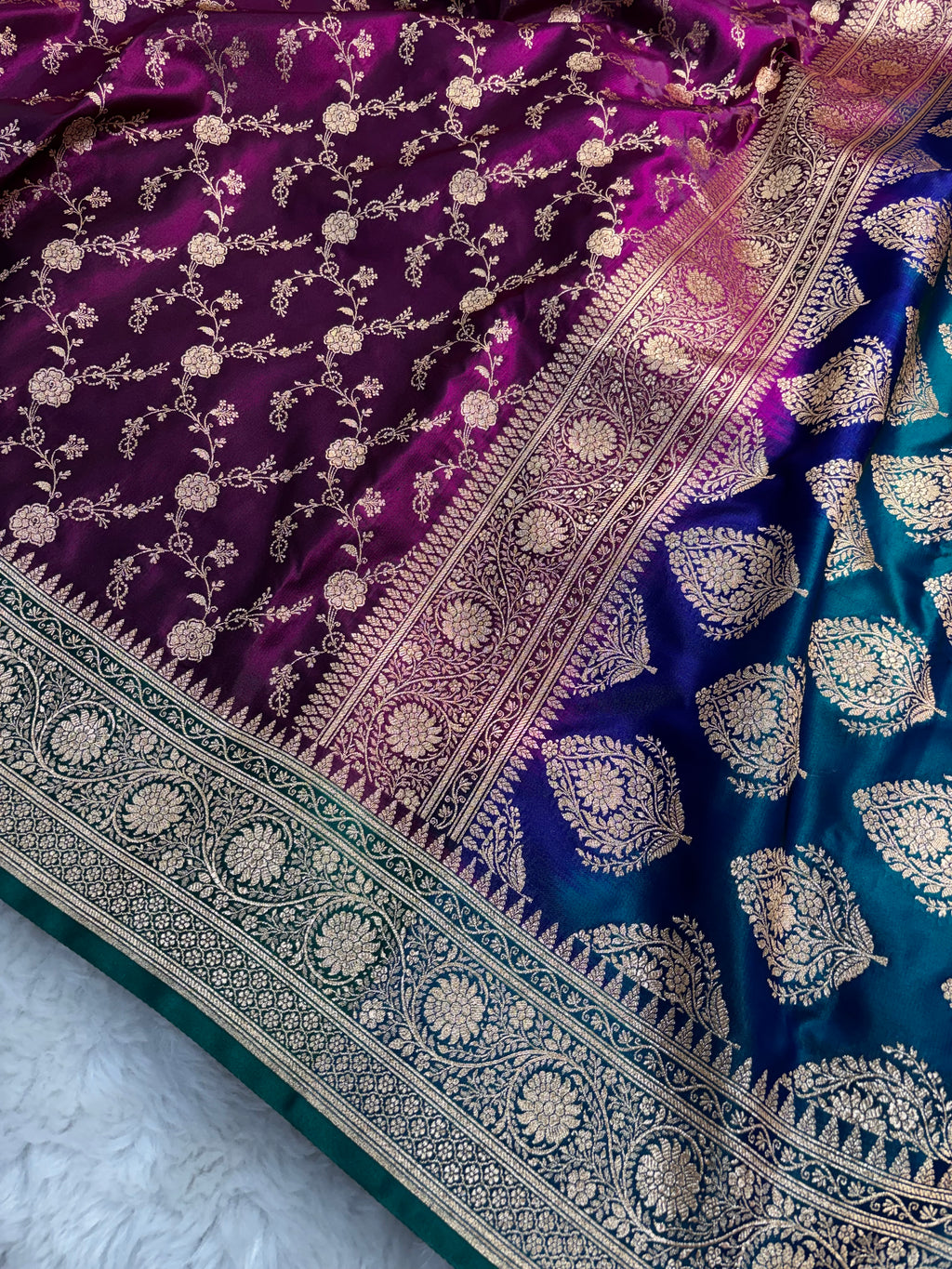 Magenta Contrast Satin Silk Jaal Saree SS03