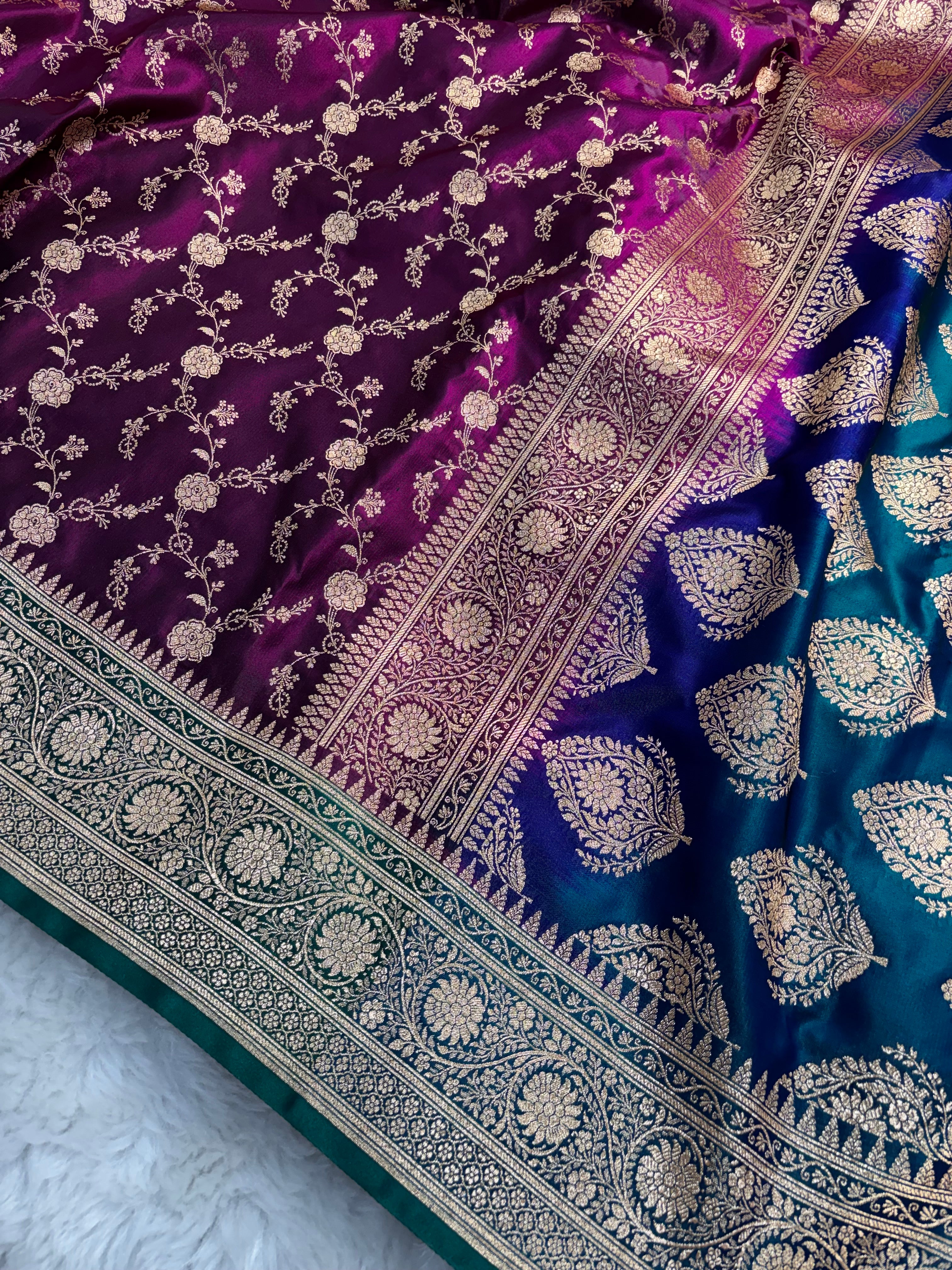 Magenta Contrast Satin Silk Jaal Saree SS03