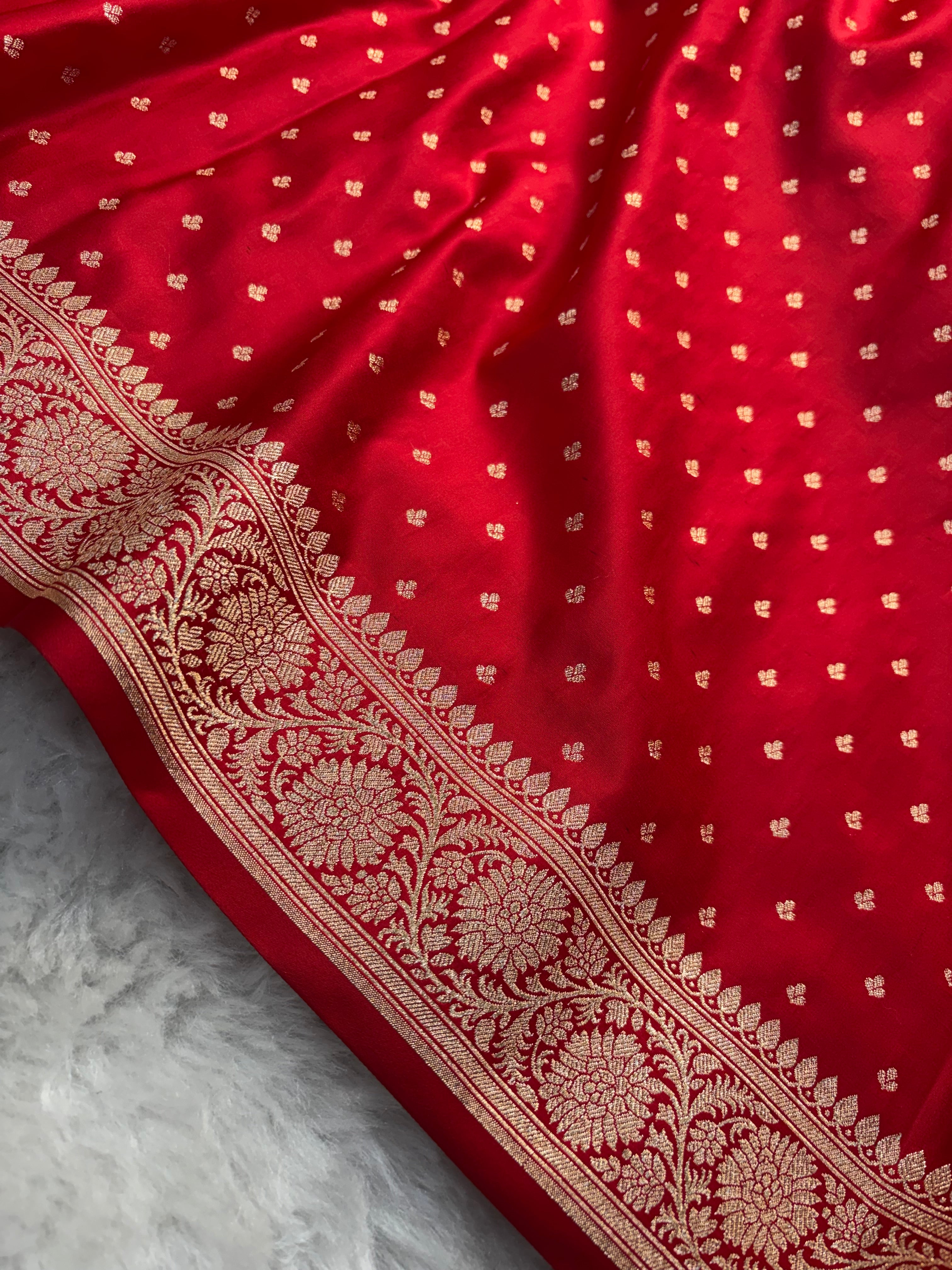 Bright Red Satin Katan Silk Chunri Buti Saree SK15