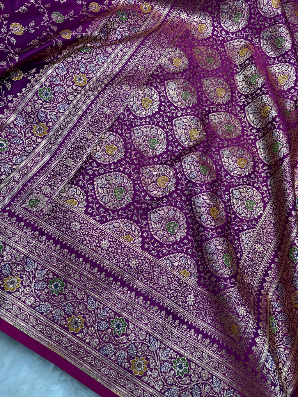 Wine Satin Katan Silk Meena Jaal Saree SK05