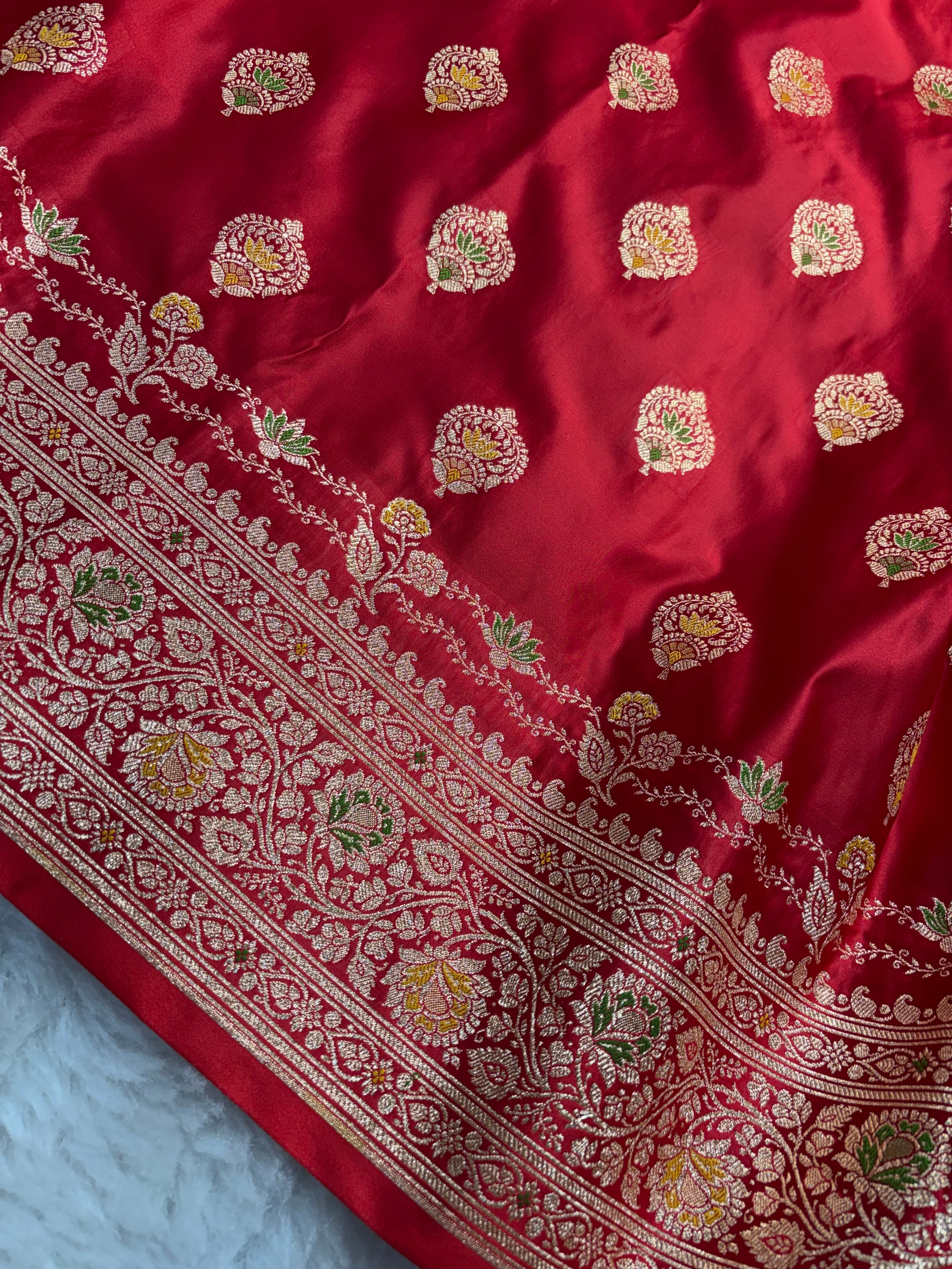 Red Satin Katan Silk Meena Buti Saree SK20