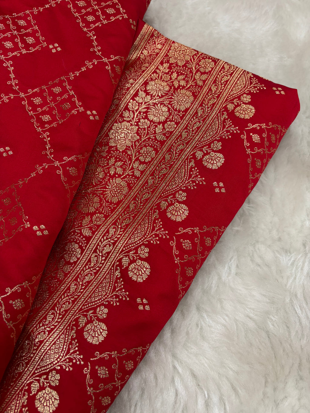 Red Satin Katan Silk Jaal Saree