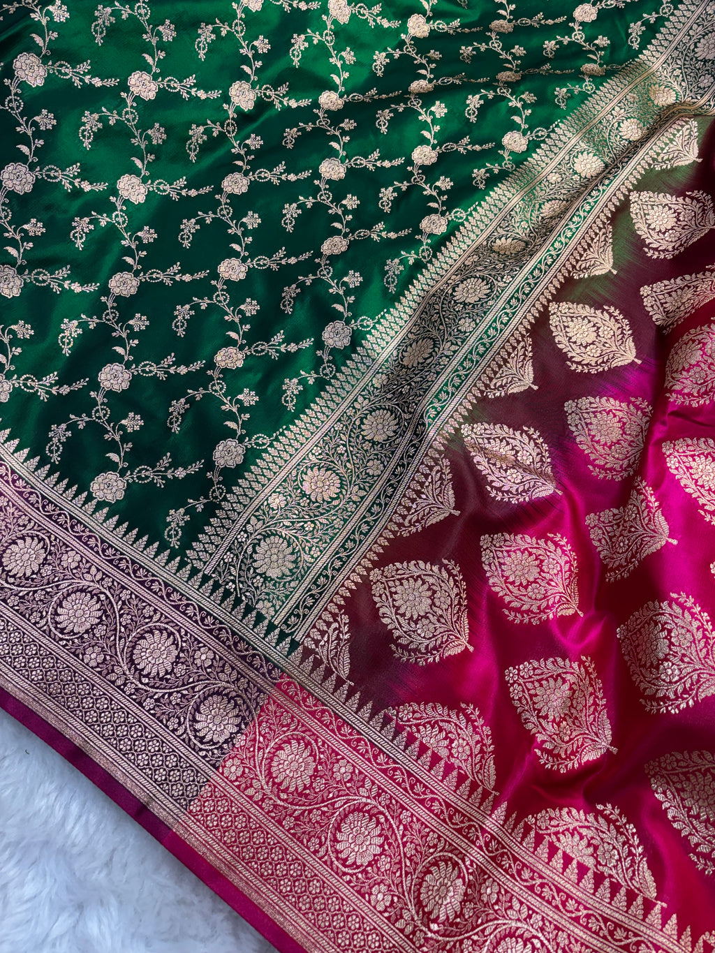Bottle Green Contrast Satin Silk Jaal Saree SS03