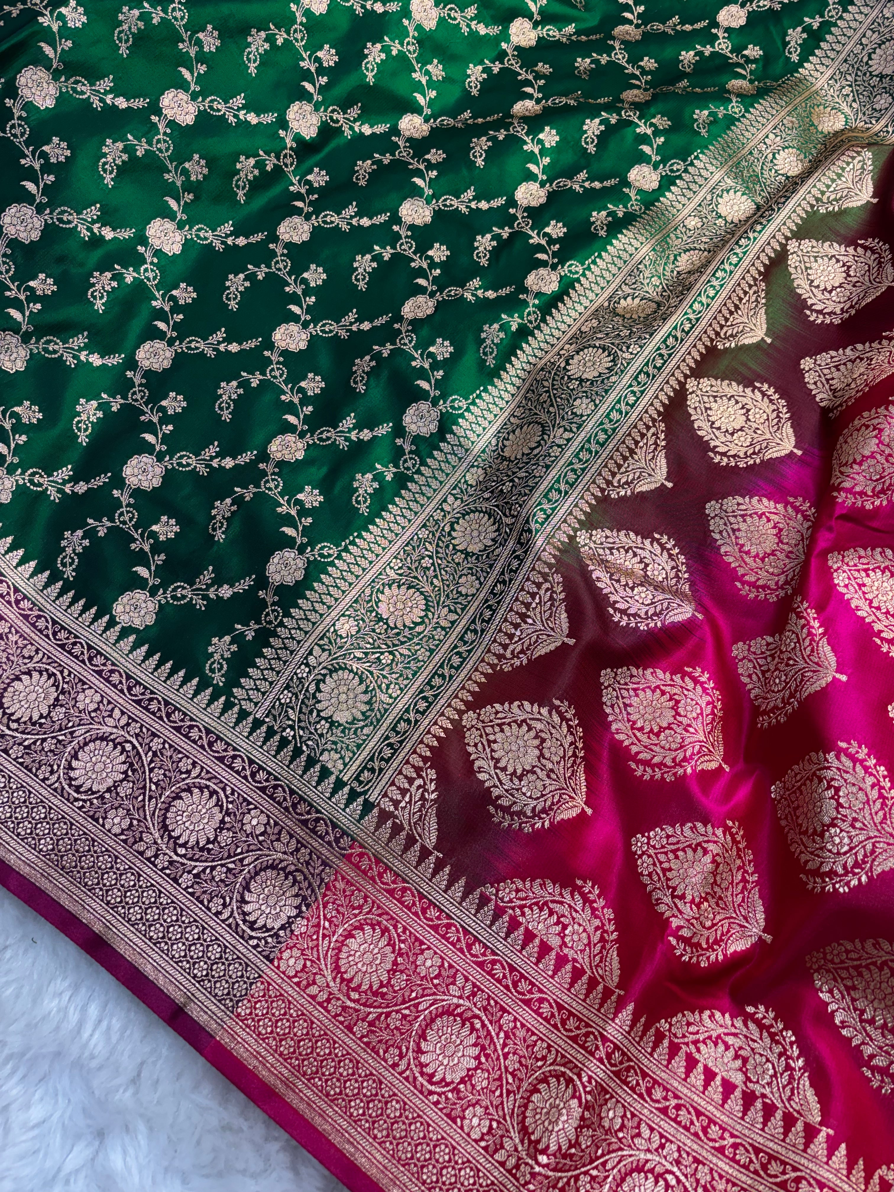 Bottle Green Contrast Satin Silk Jaal Saree SS03