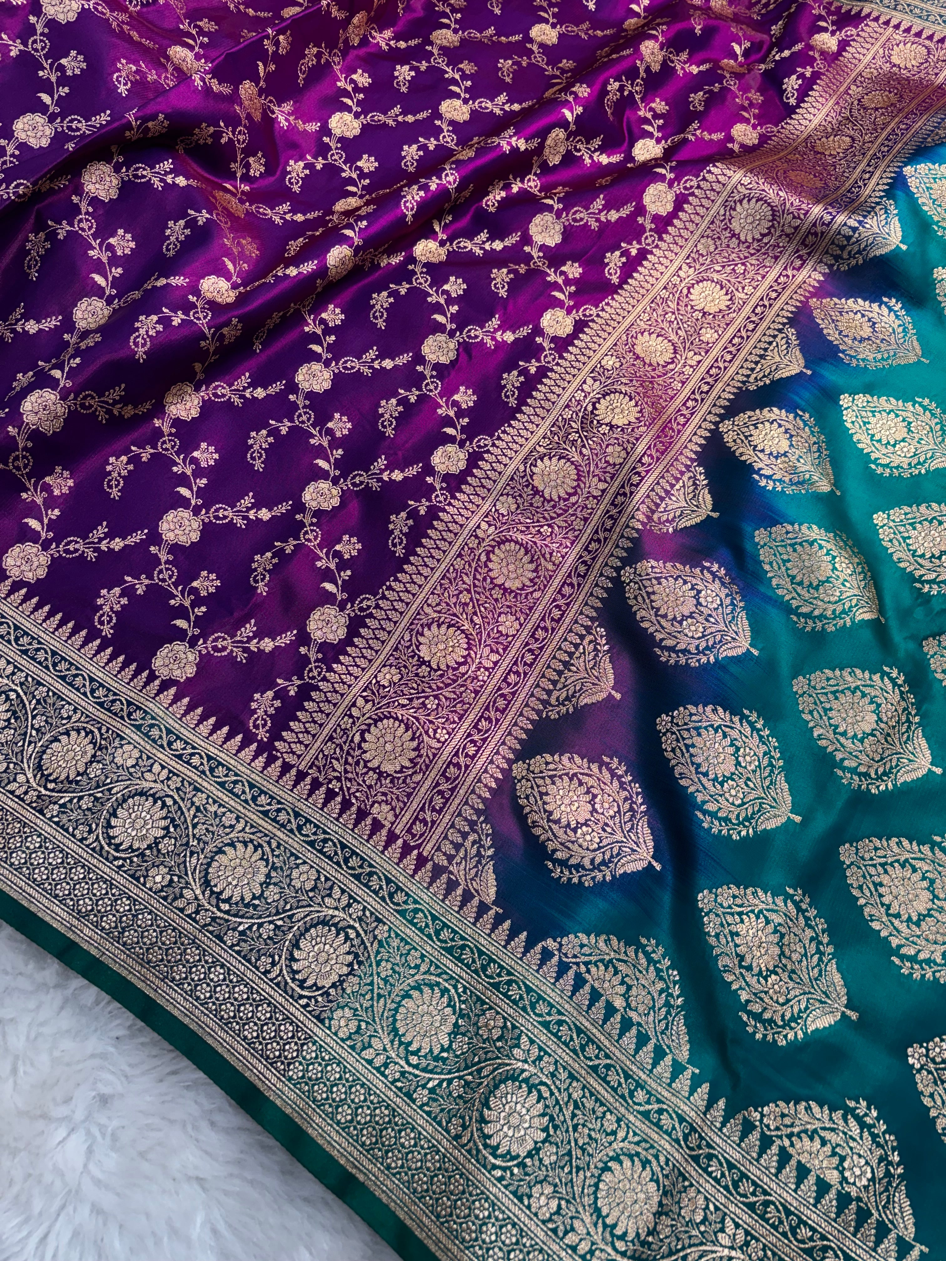 Purple Contrast Satin Silk Jaal Saree SS03