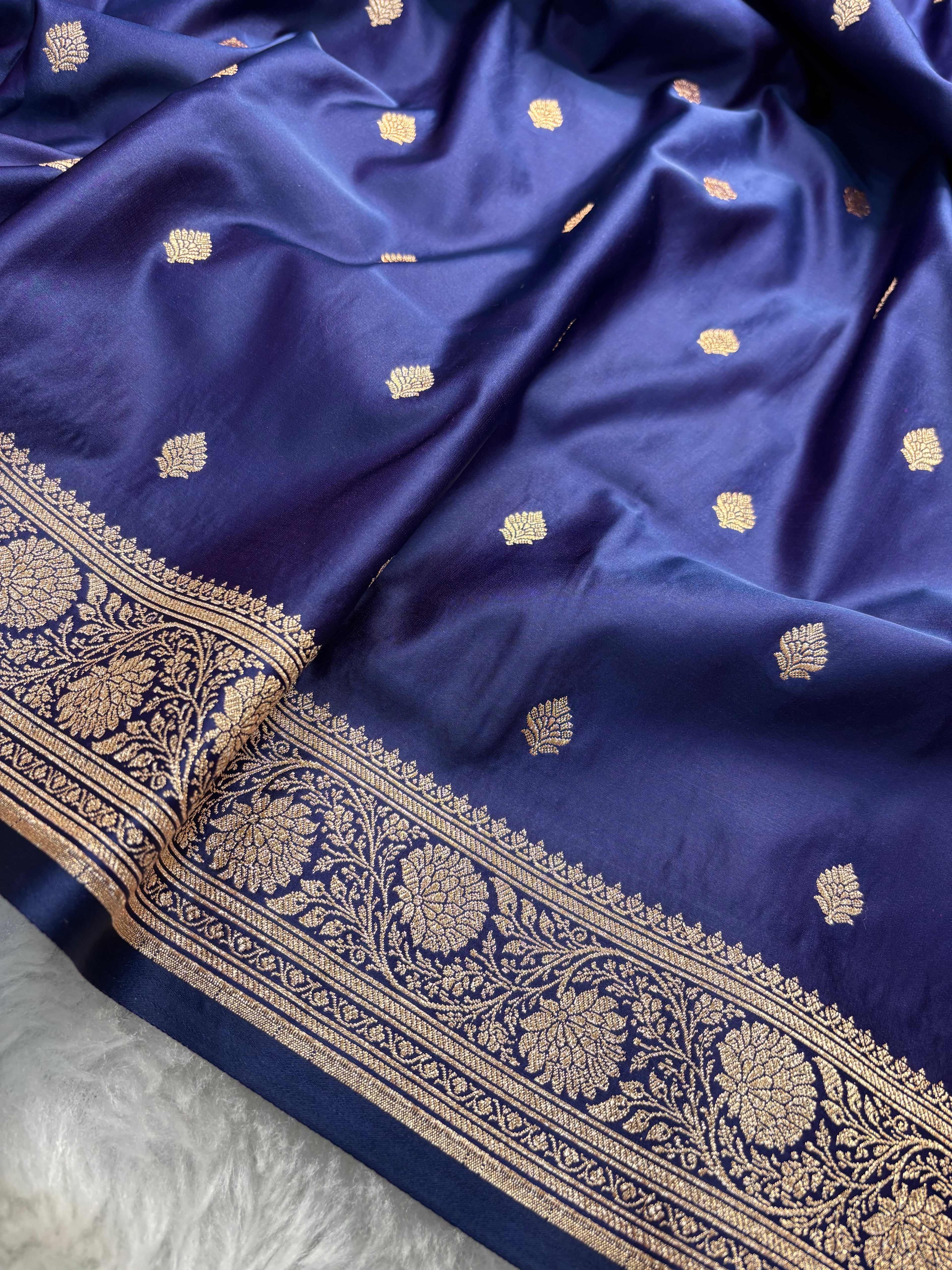 Navy Blue Satin Katan Silk Buti Saree SK14