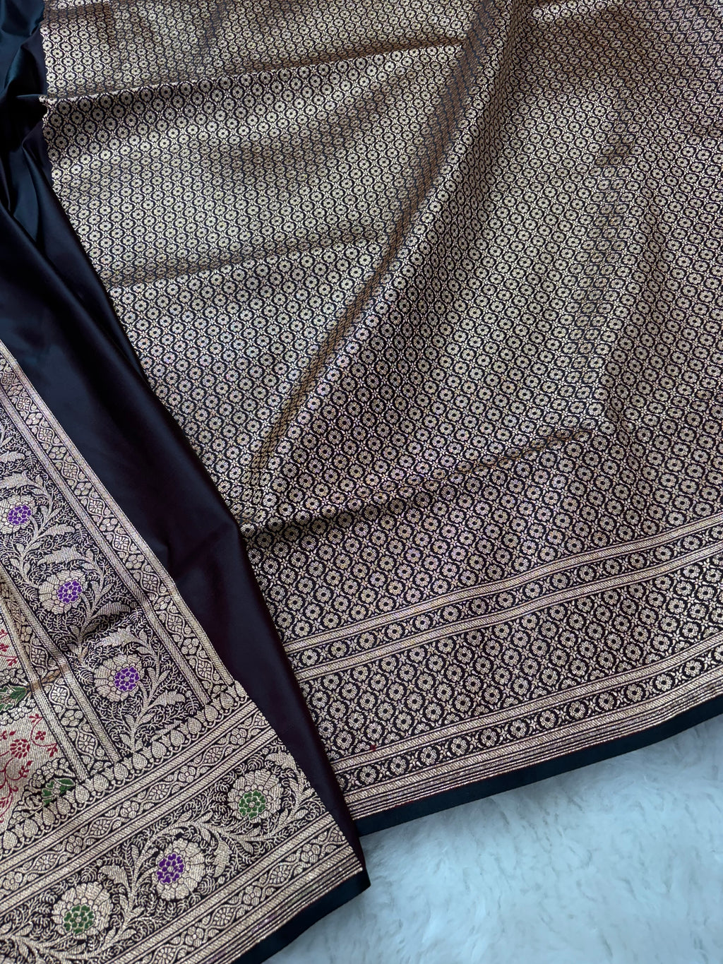 Chocolate Satin Katan Silk Meena Border Saree