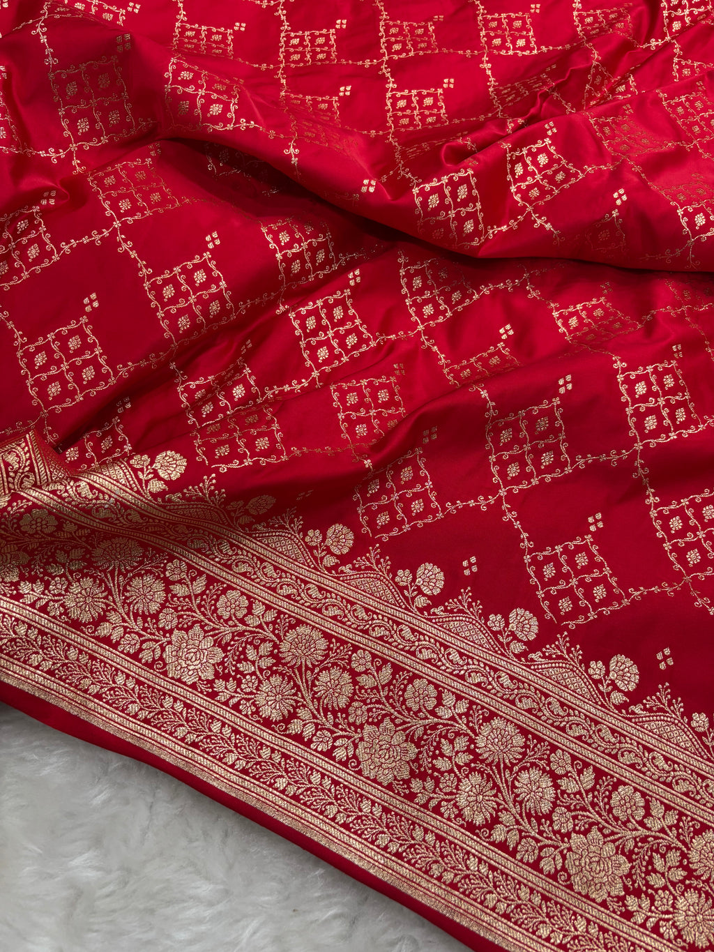 Red Satin Katan Silk Jaal Saree