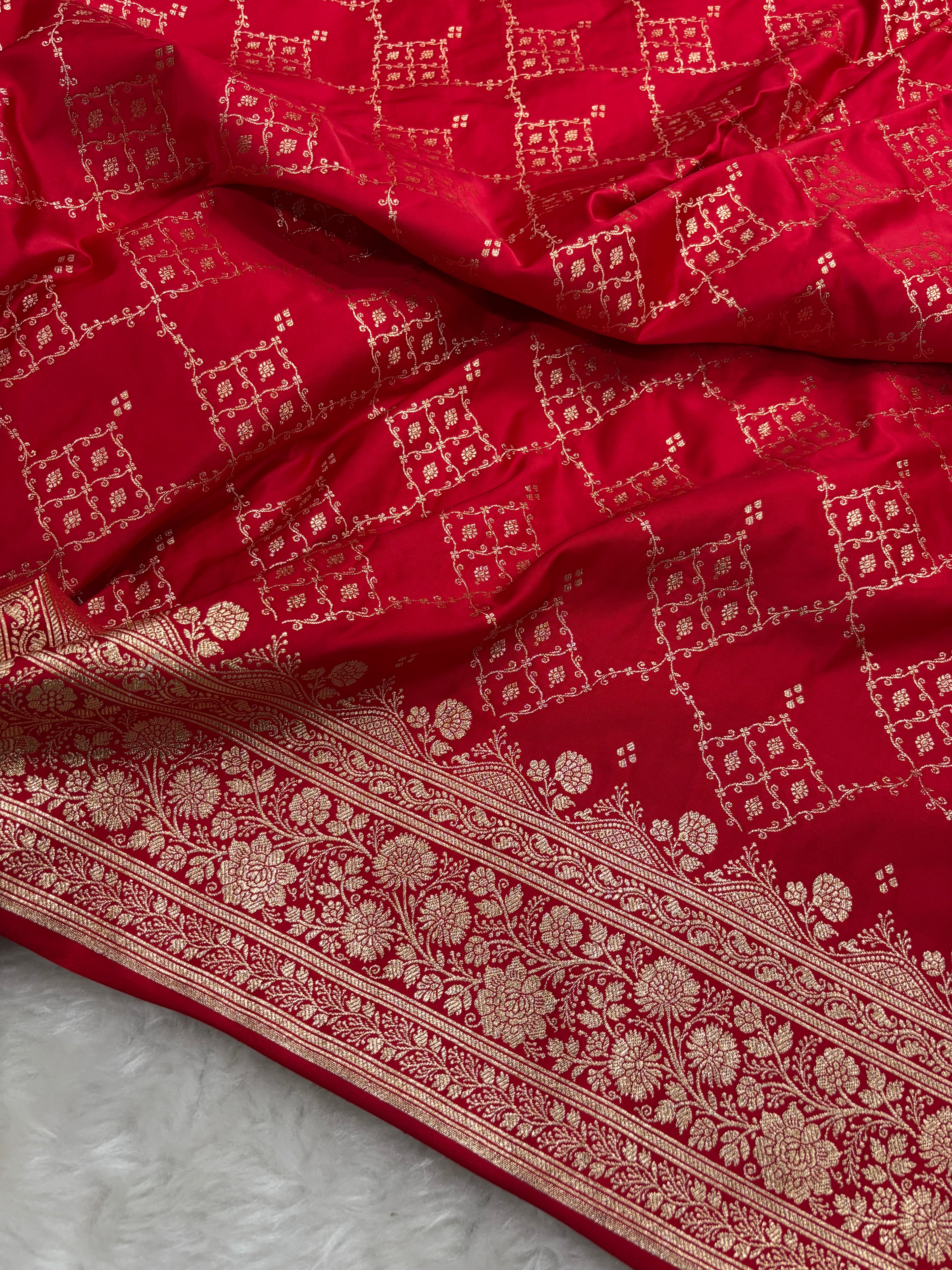 Red Satin Katan Silk Jaal Saree