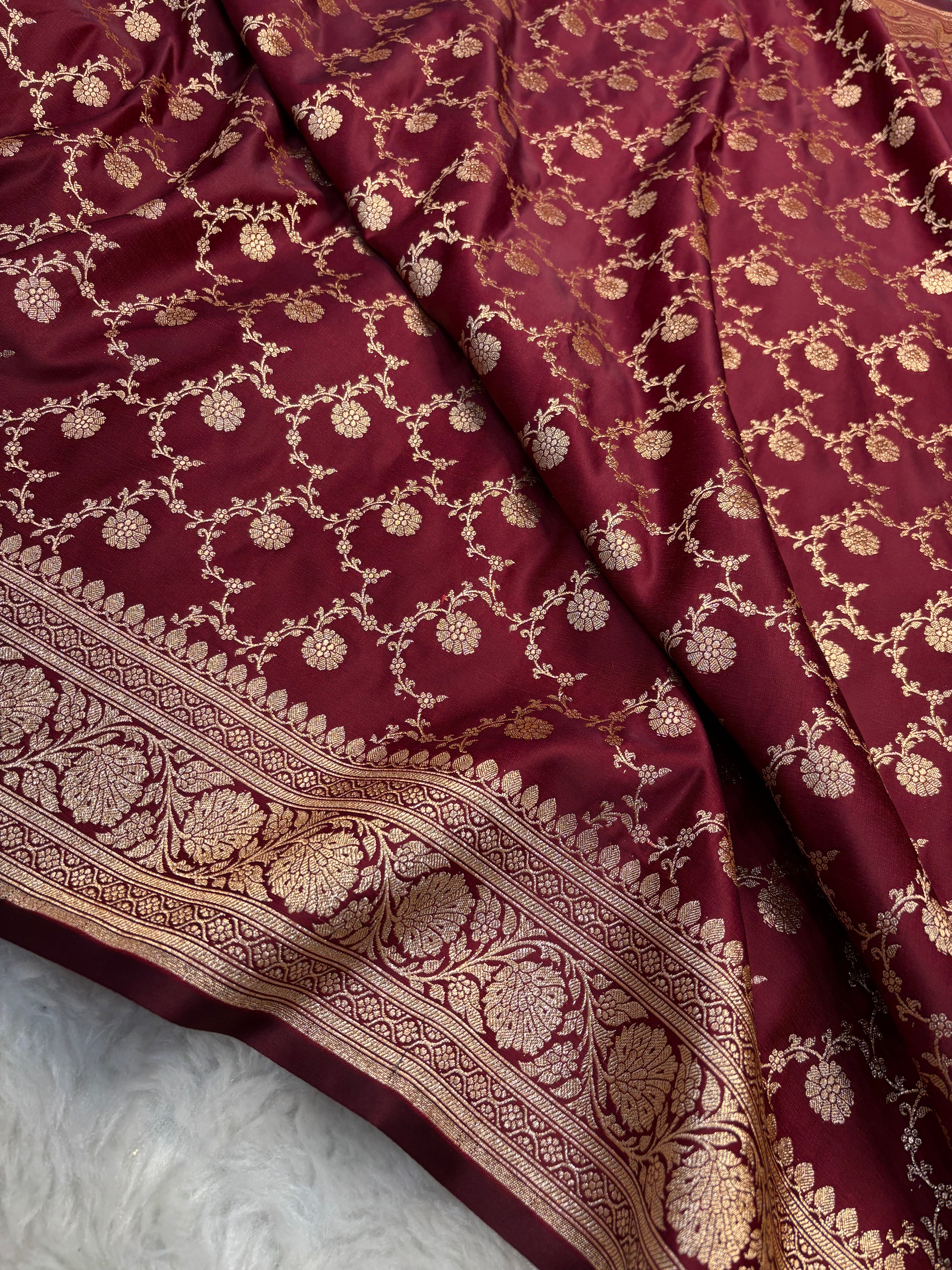 Maroon Satin Katan Silk Jaal Banarasi Saree SK06