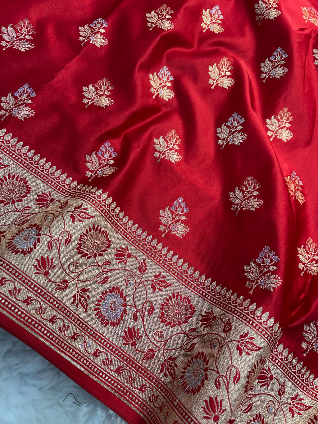 Bright Red Satin Katan Silk Meena Buti Saree SK19