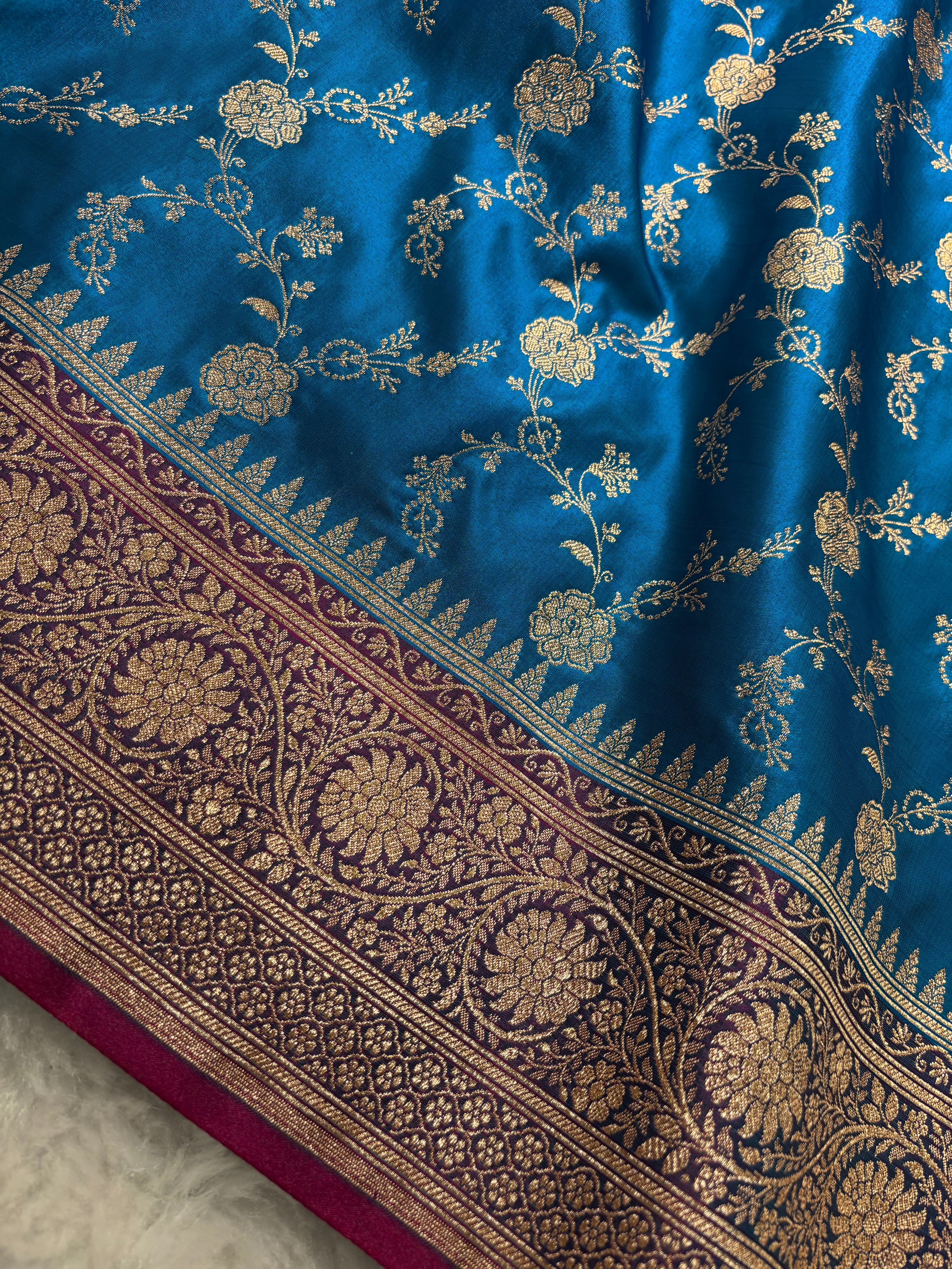 Peacock Blue Contrast Satin Silk Jaal Saree SS03