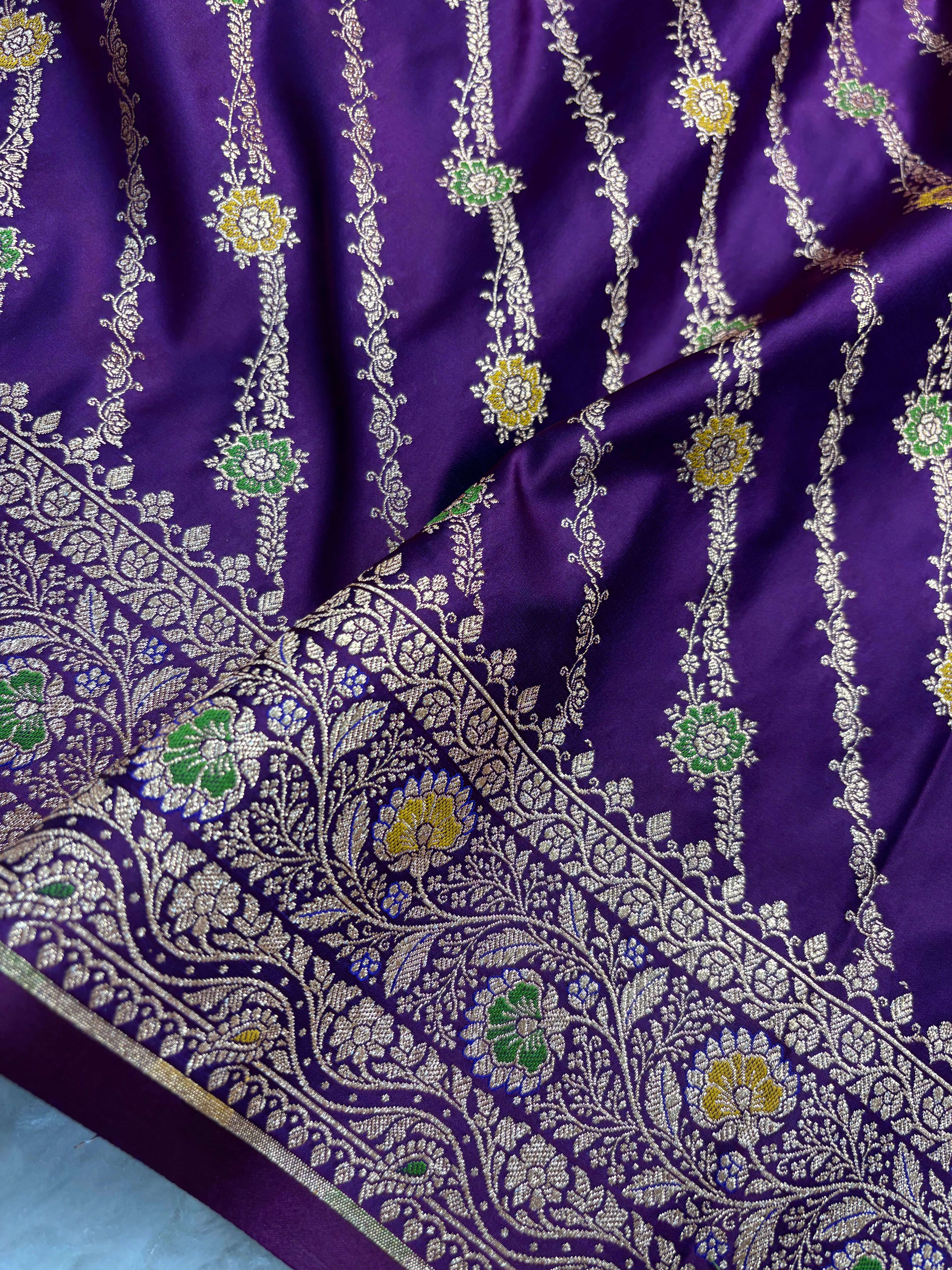 Purple Satin Katan Silk Meena Cross Saree SK04