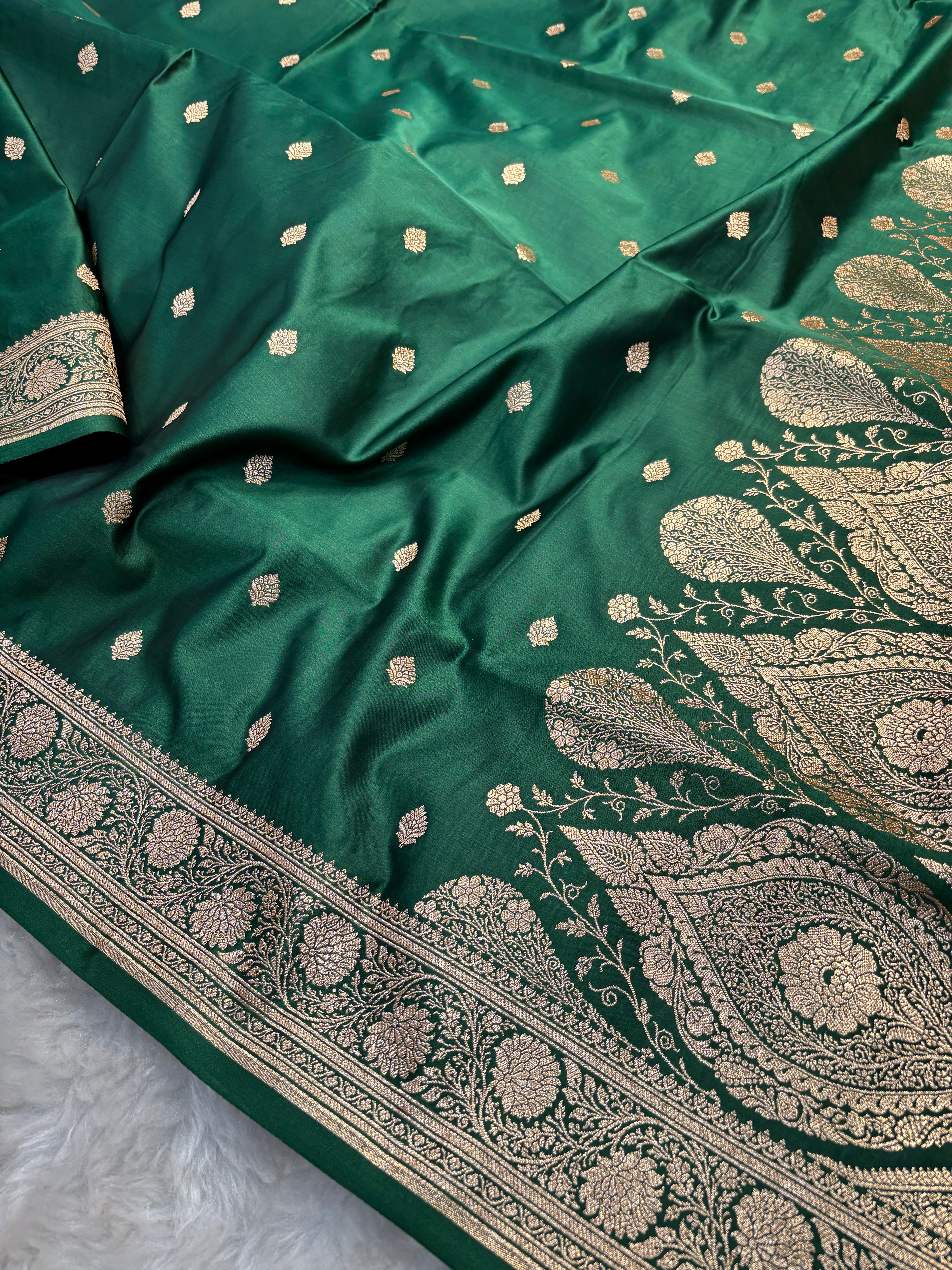 Bottle Green Satin Katan Silk Buti Saree SK14