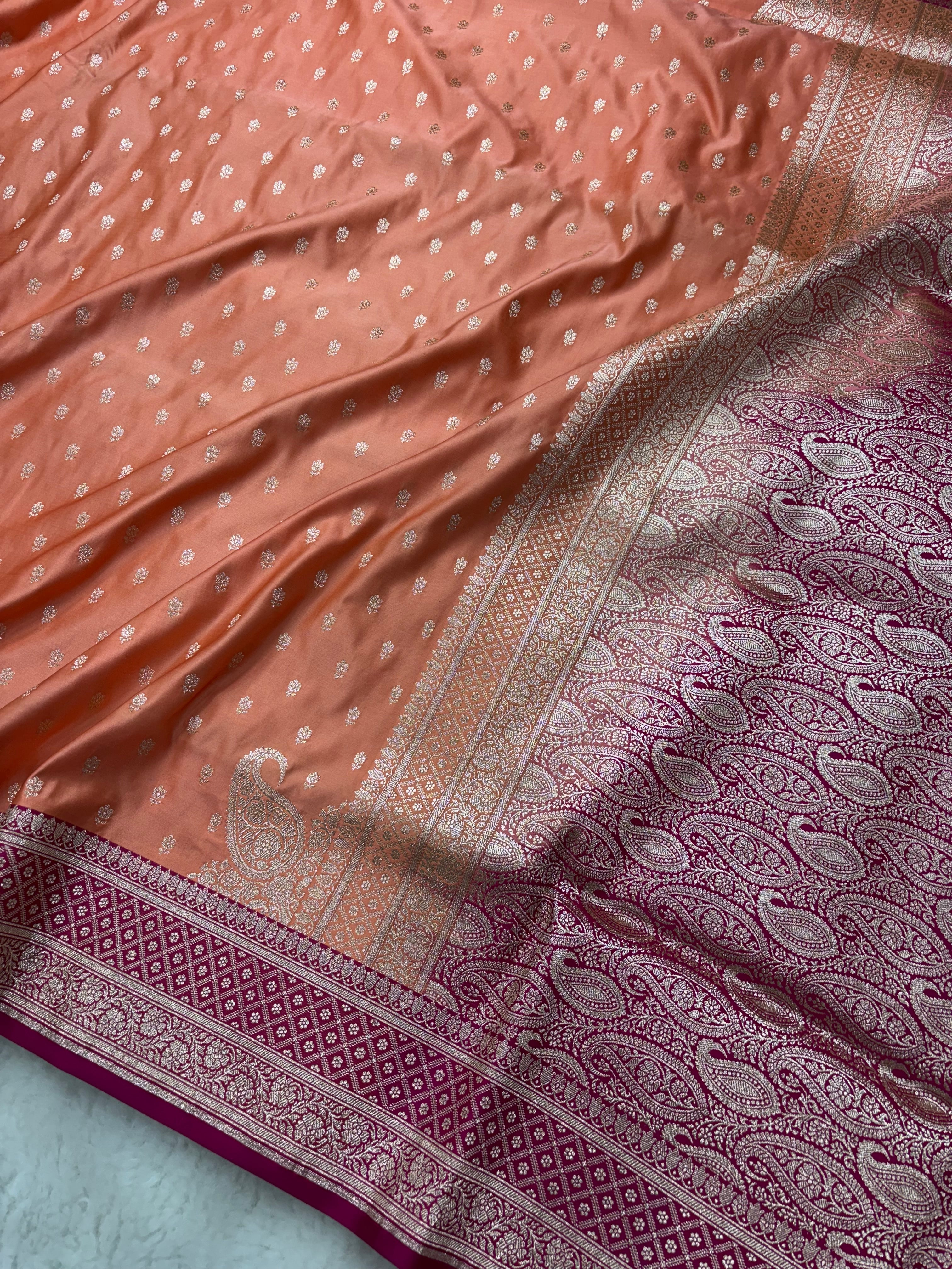 Peach Satin Katan Silk Koniya Saree