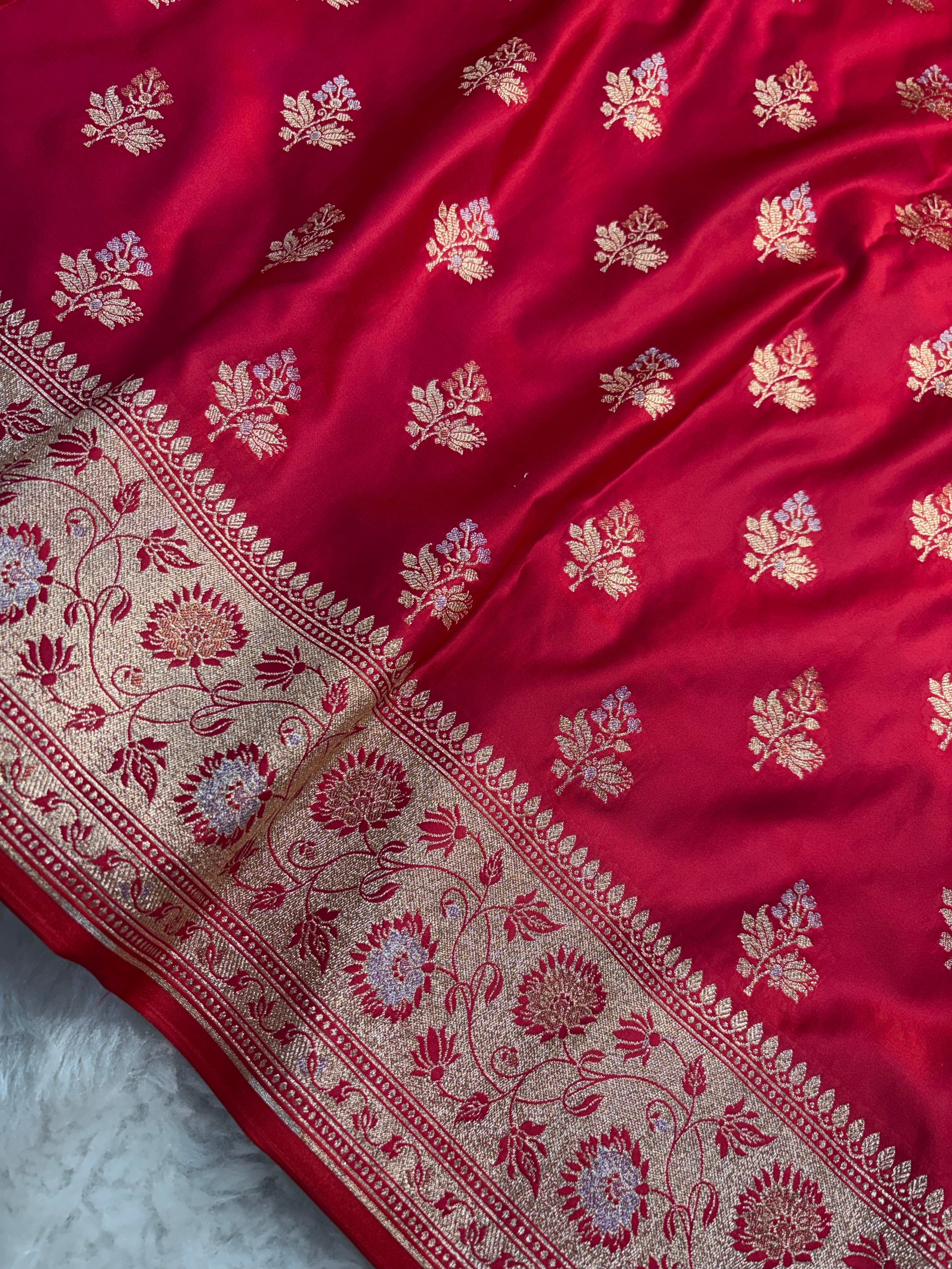 Dual Shade Red Satin Katan Silk Meena Buti Saree SK19