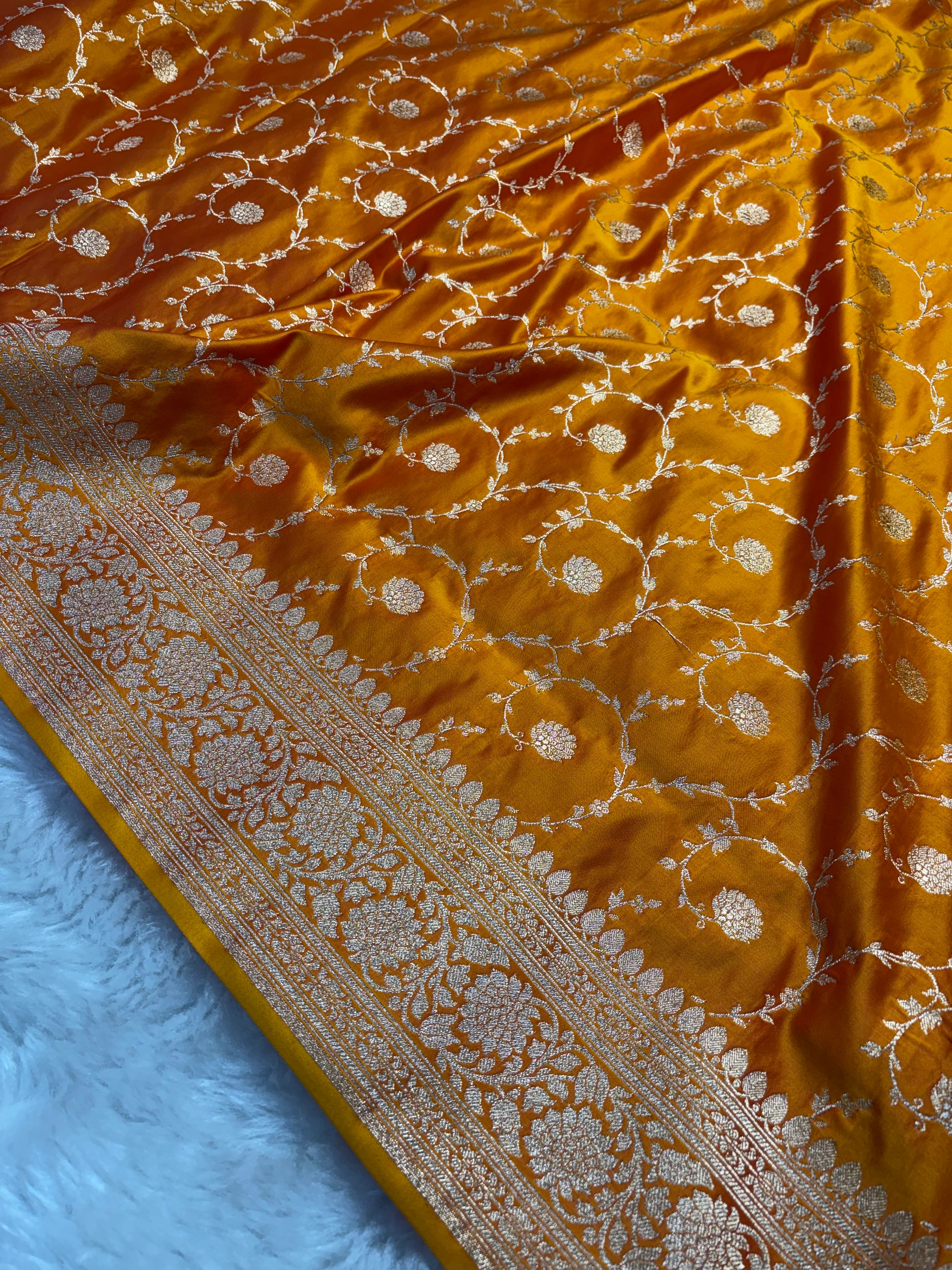 Fire Gold Satin Katan Silk Jaal Saree SK11