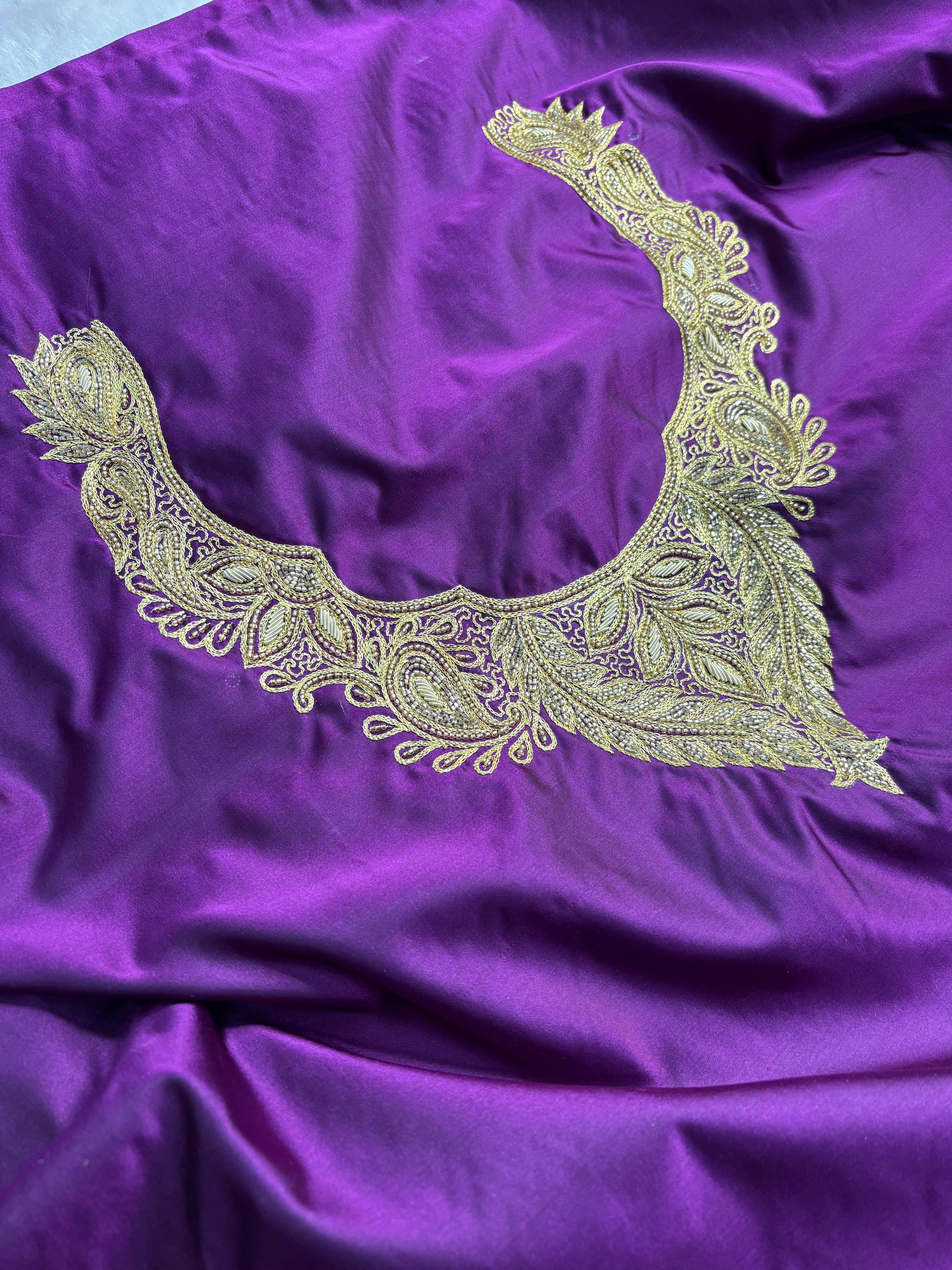 Purple Bridal Satin Katan Silk Saree with Zardozi and Blouse Work BK02