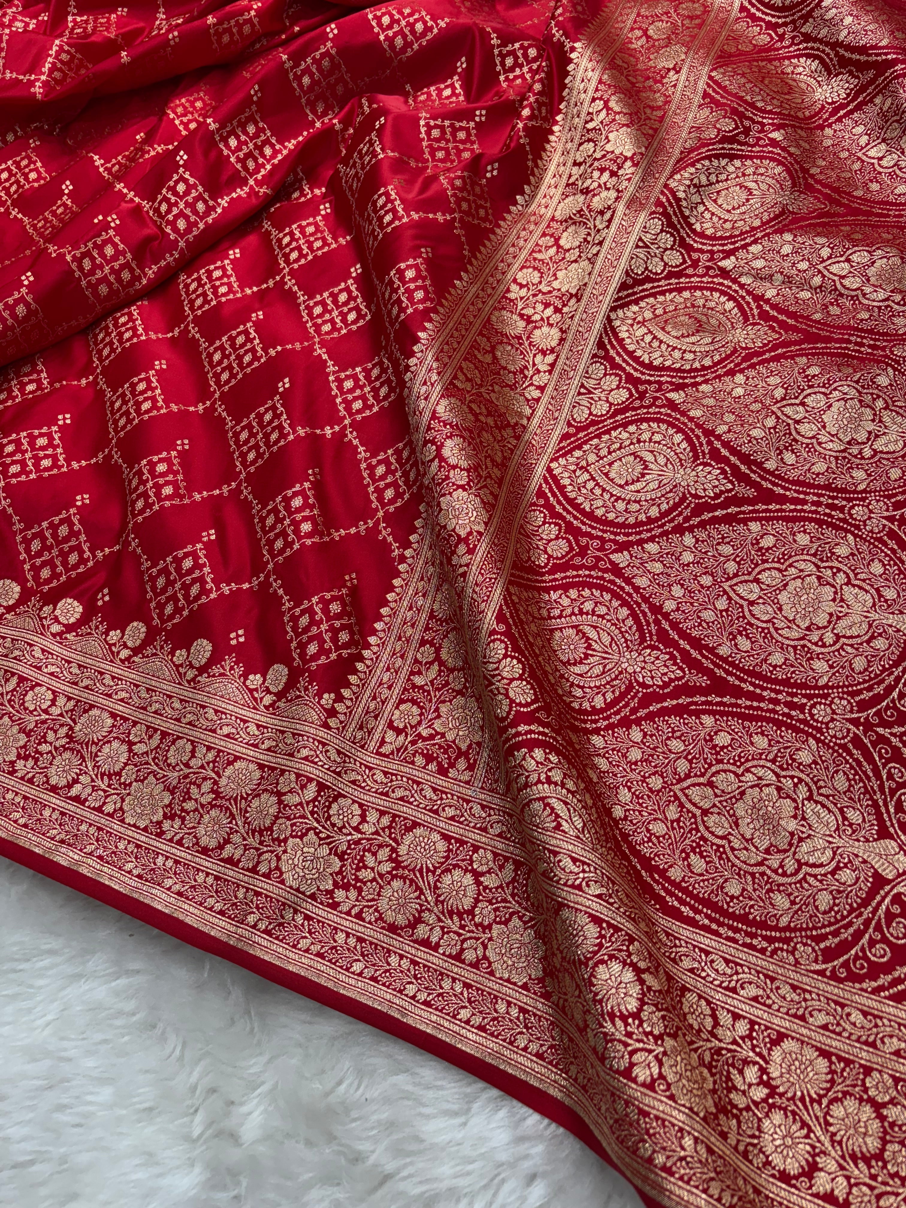 Red Satin Katan Silk Jaal Saree