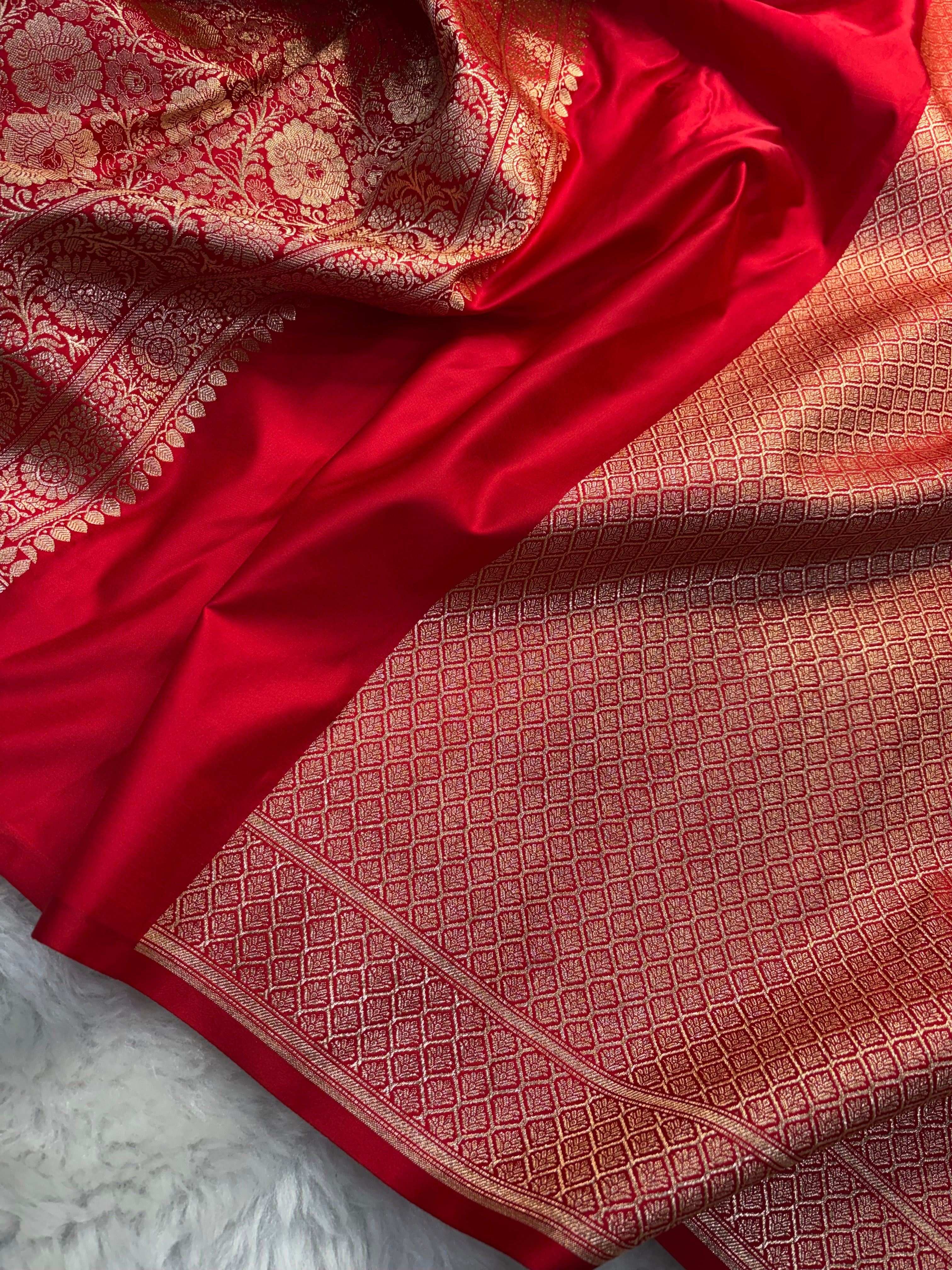 Bright Red Satin Katan Silk Chunri Buti Saree SK15