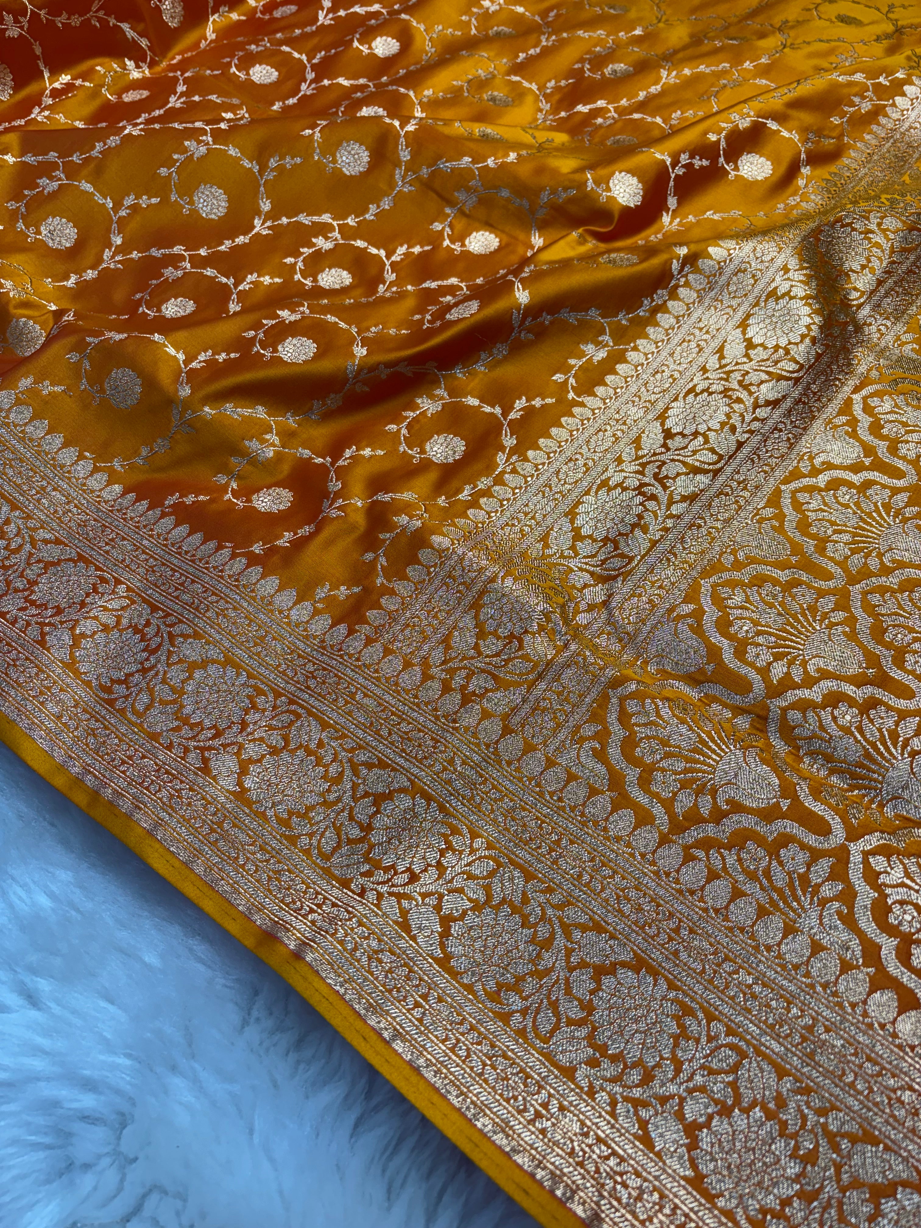 Fire Gold Satin Katan Silk Jaal Saree SK11