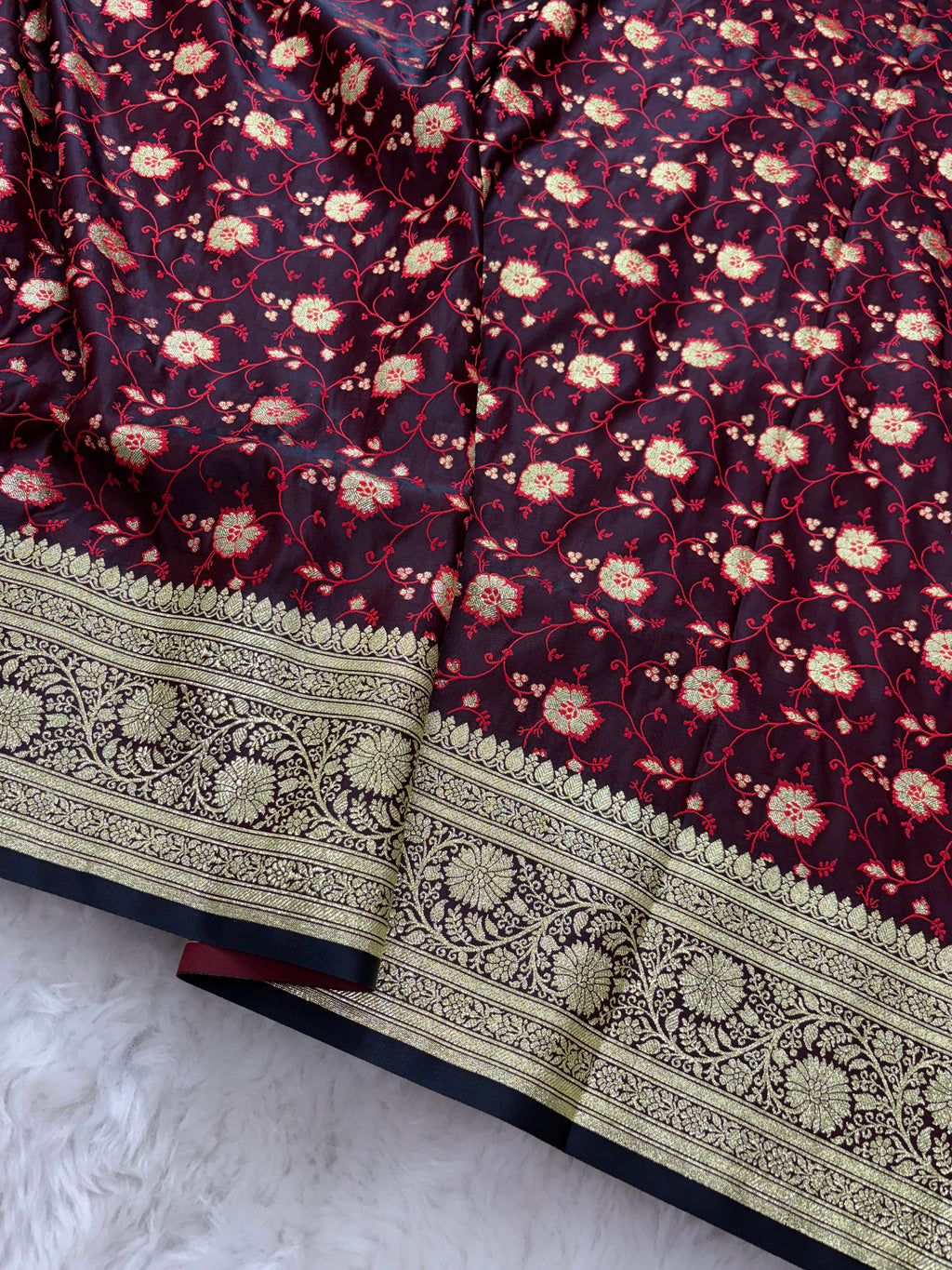 Chocolate Satin Katan Silk Tanchoi Meena Jaal Saree