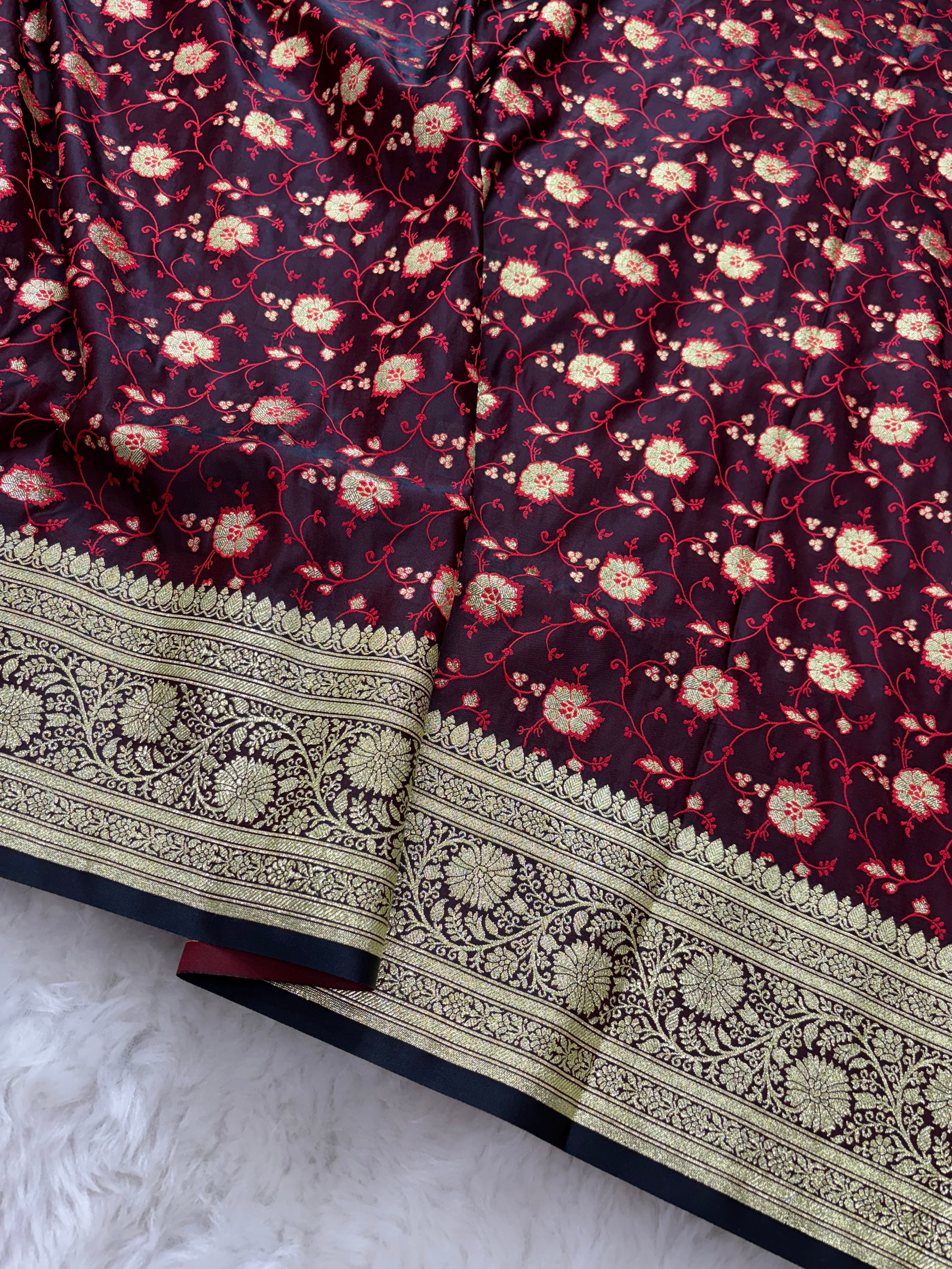 Chocolate Satin Katan Silk Tanchoi Meena Jaal Saree