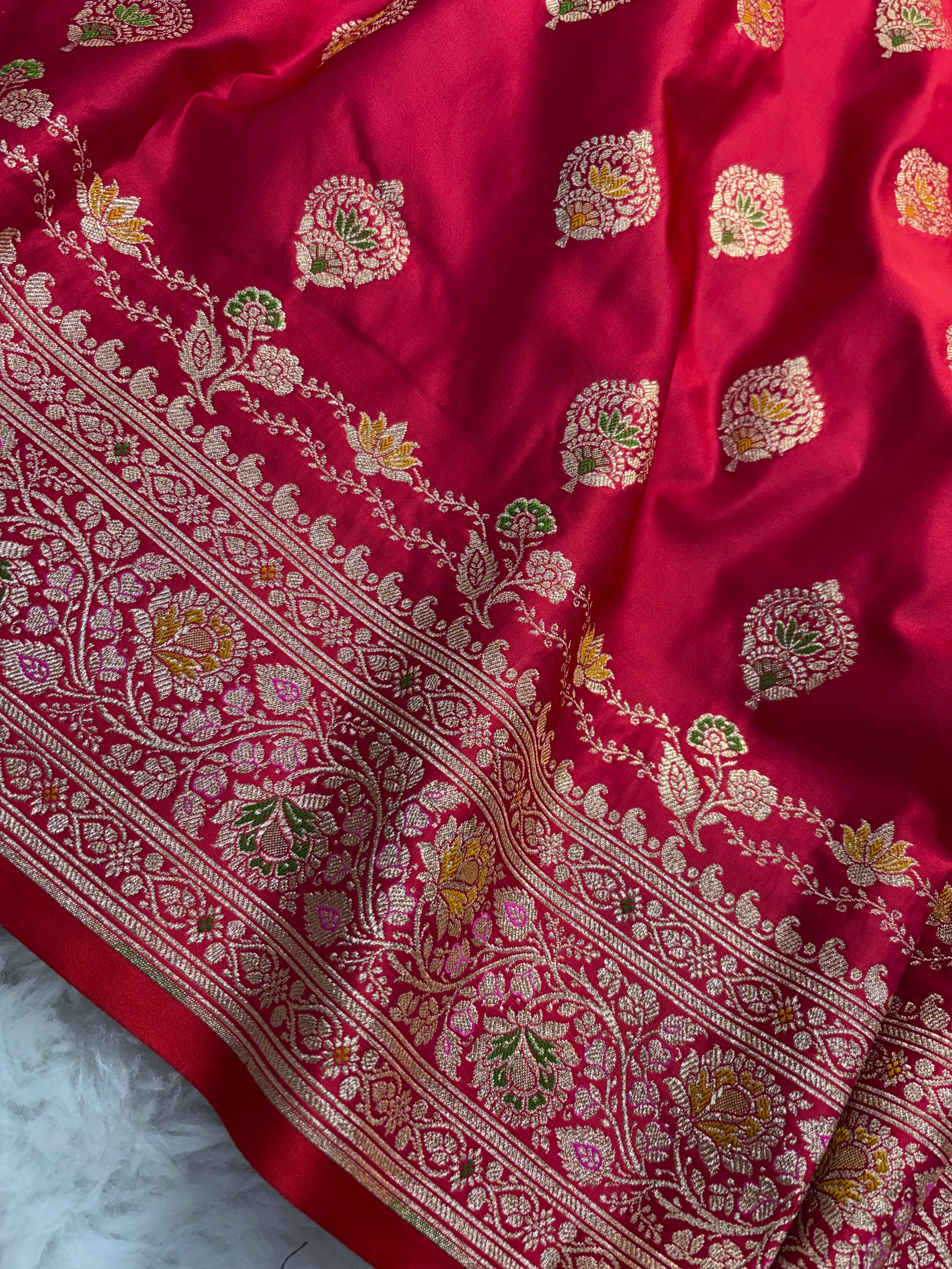 Dual Shade Red Satin Katan Silk Meena Buti Saree SK20