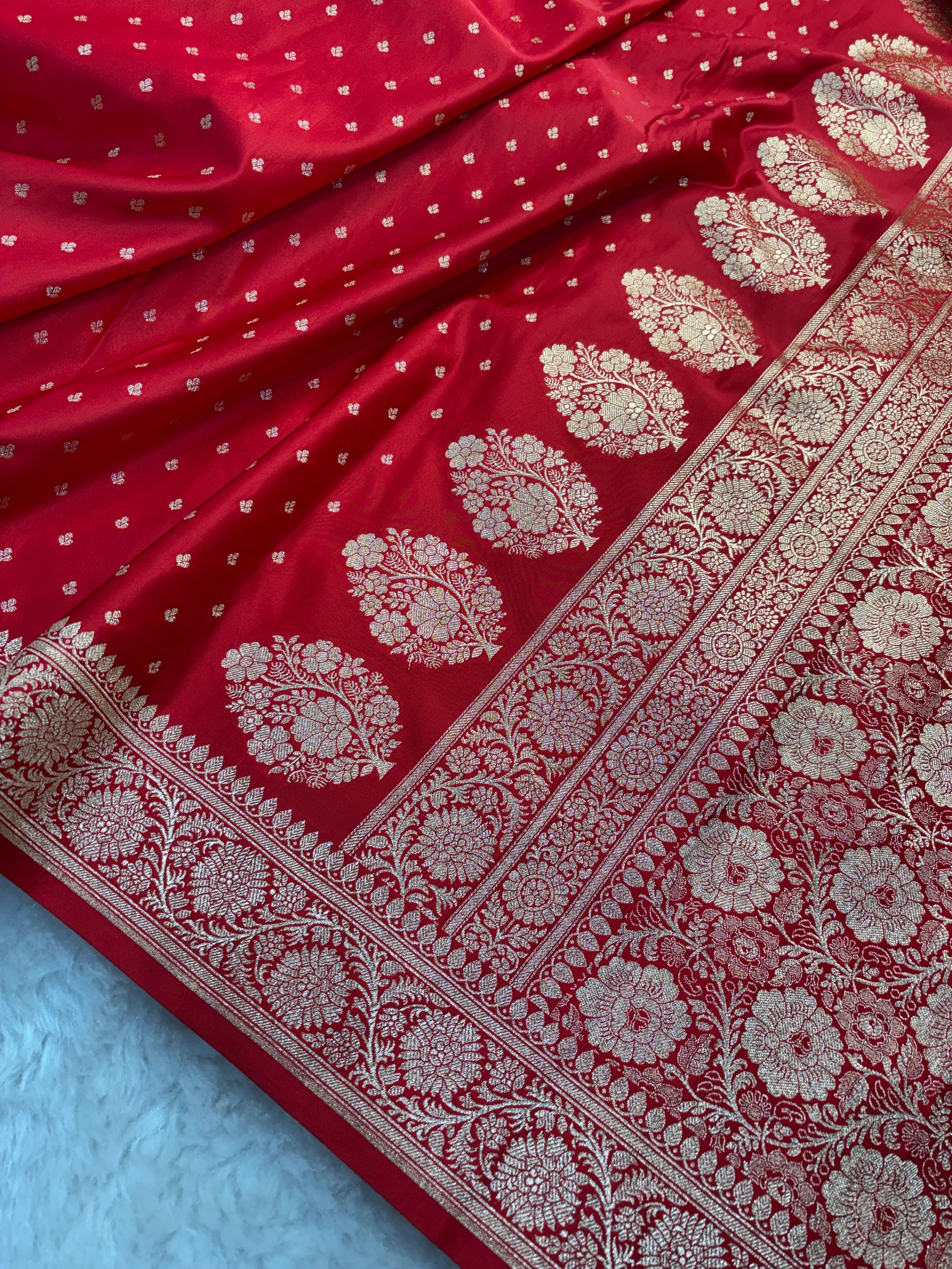 Bright Red Satin Katan Silk Chunri Buti Saree SK15