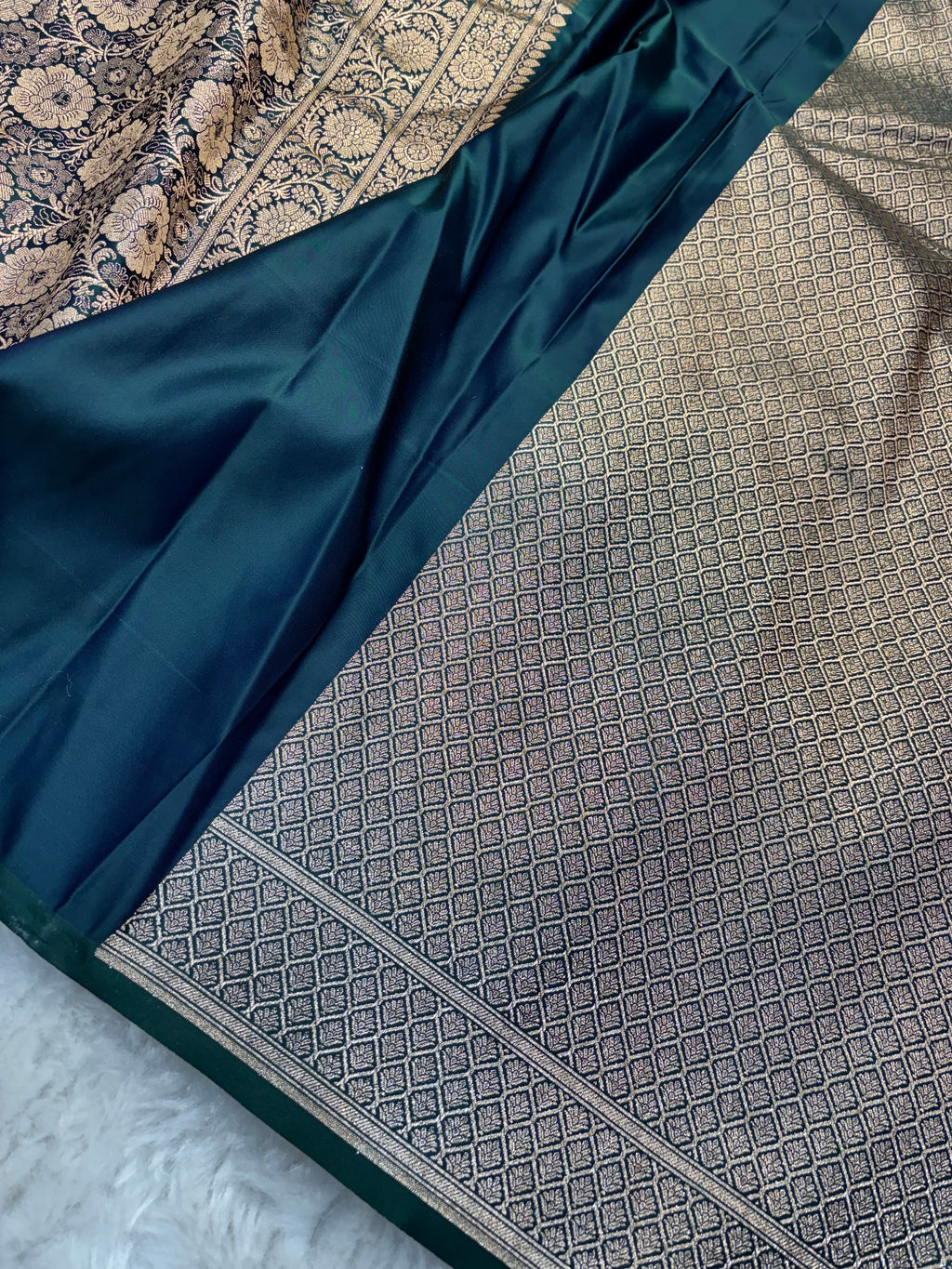 Dual Tone Bottle Green Satin Katan Silk Chunri Buti Saree SK15