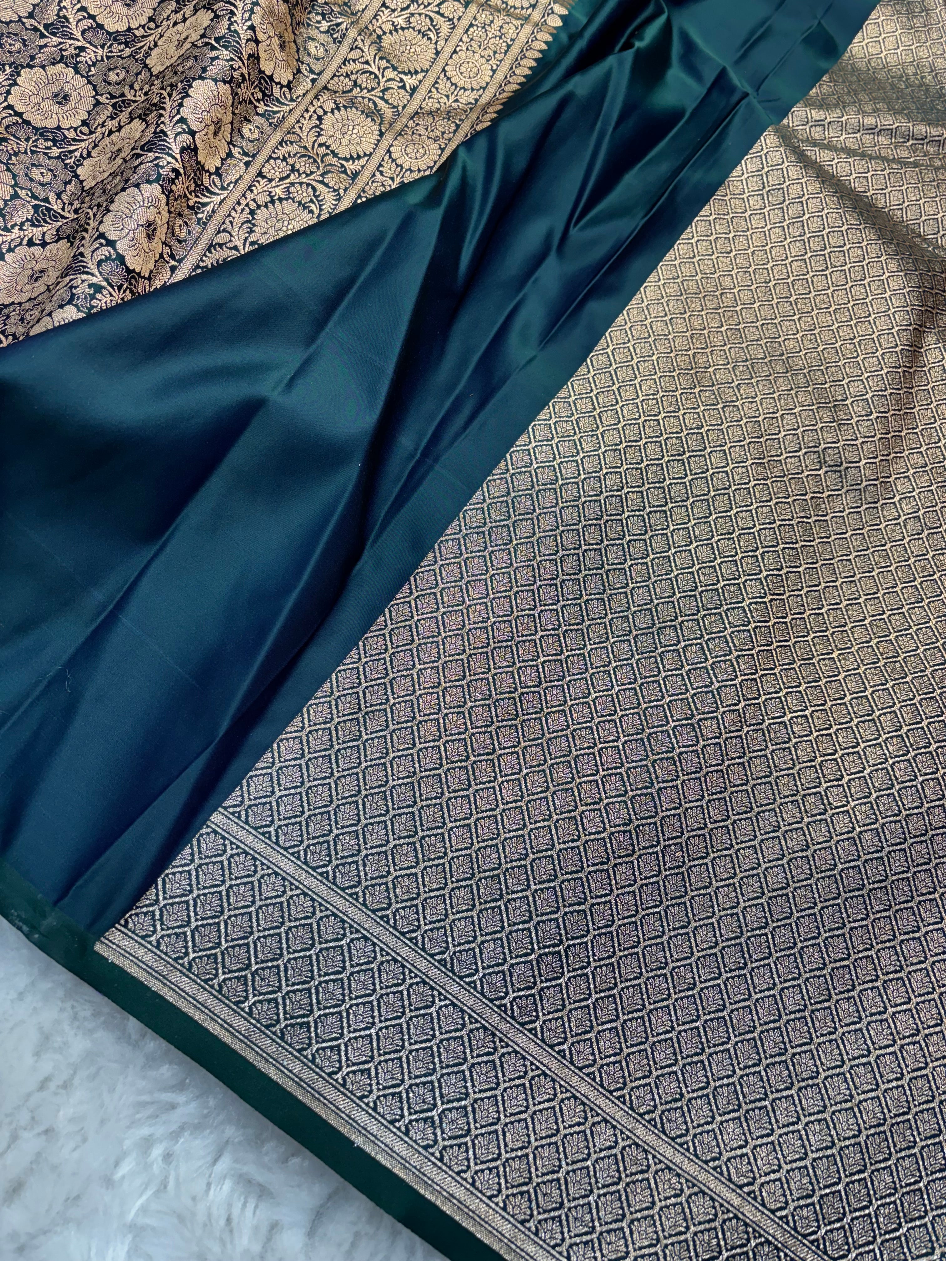 Dual Tone Bottle Green Satin Katan Silk Chunri Buti Saree SK15