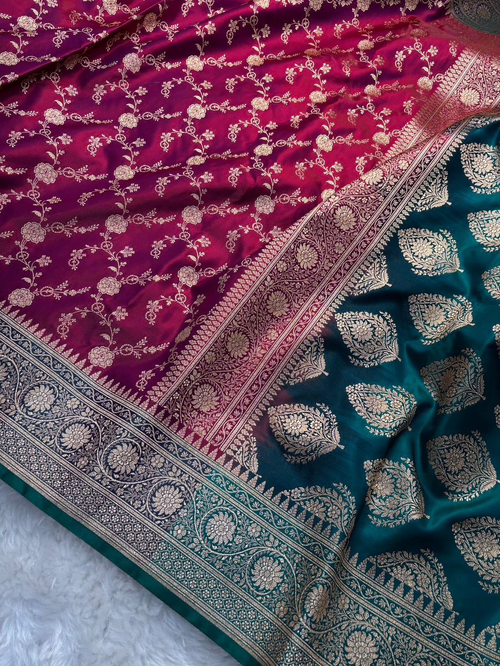 Crimson Red Contrast Satin Silk Jaal Saree SS03