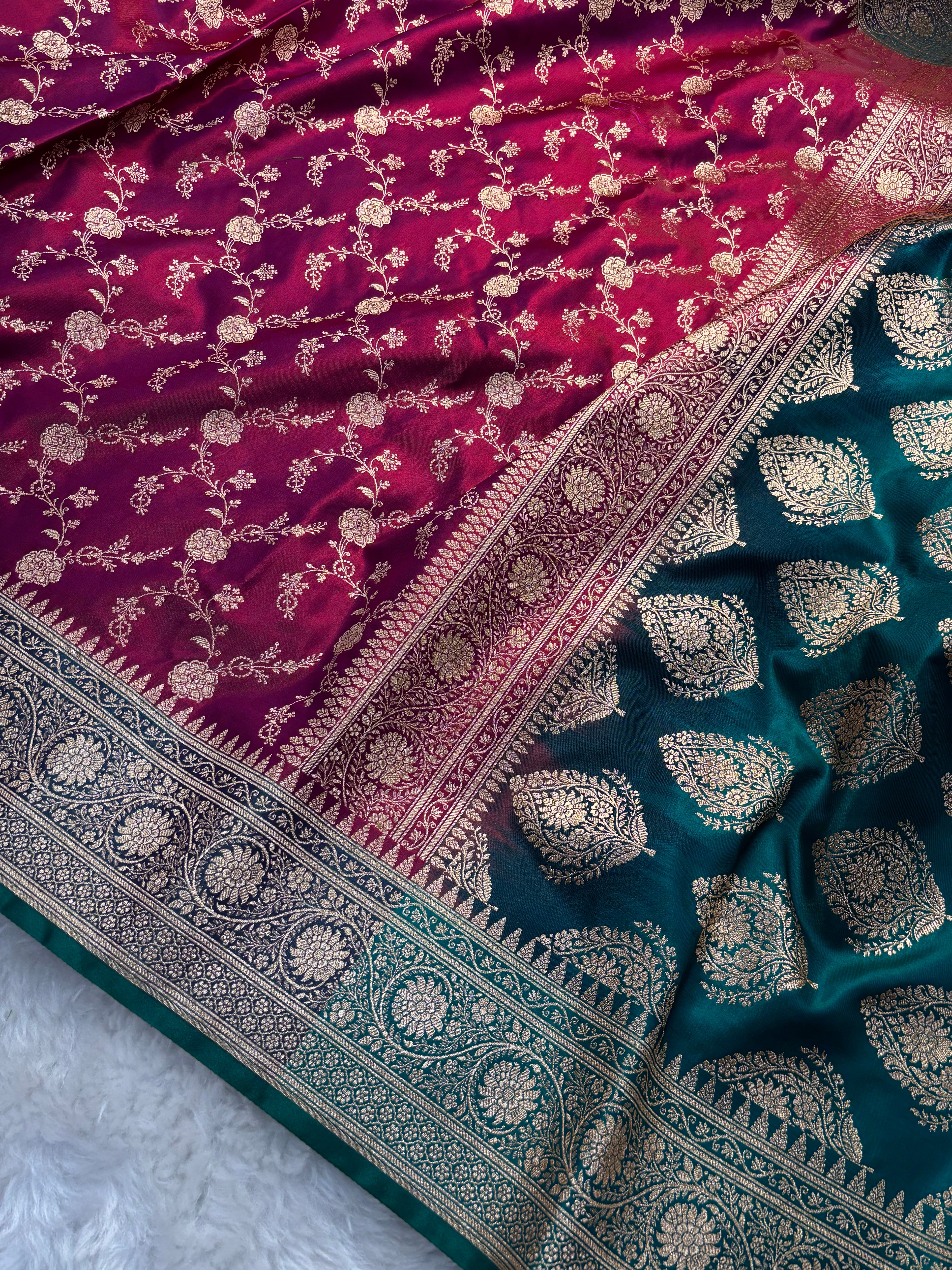Crimson Red Contrast Satin Silk Jaal Saree SS03