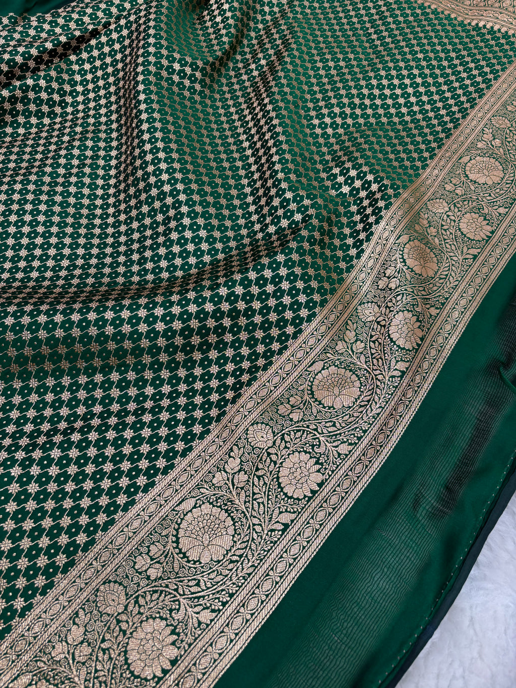 Bottle Green Satin Katan Silk Cross Saree